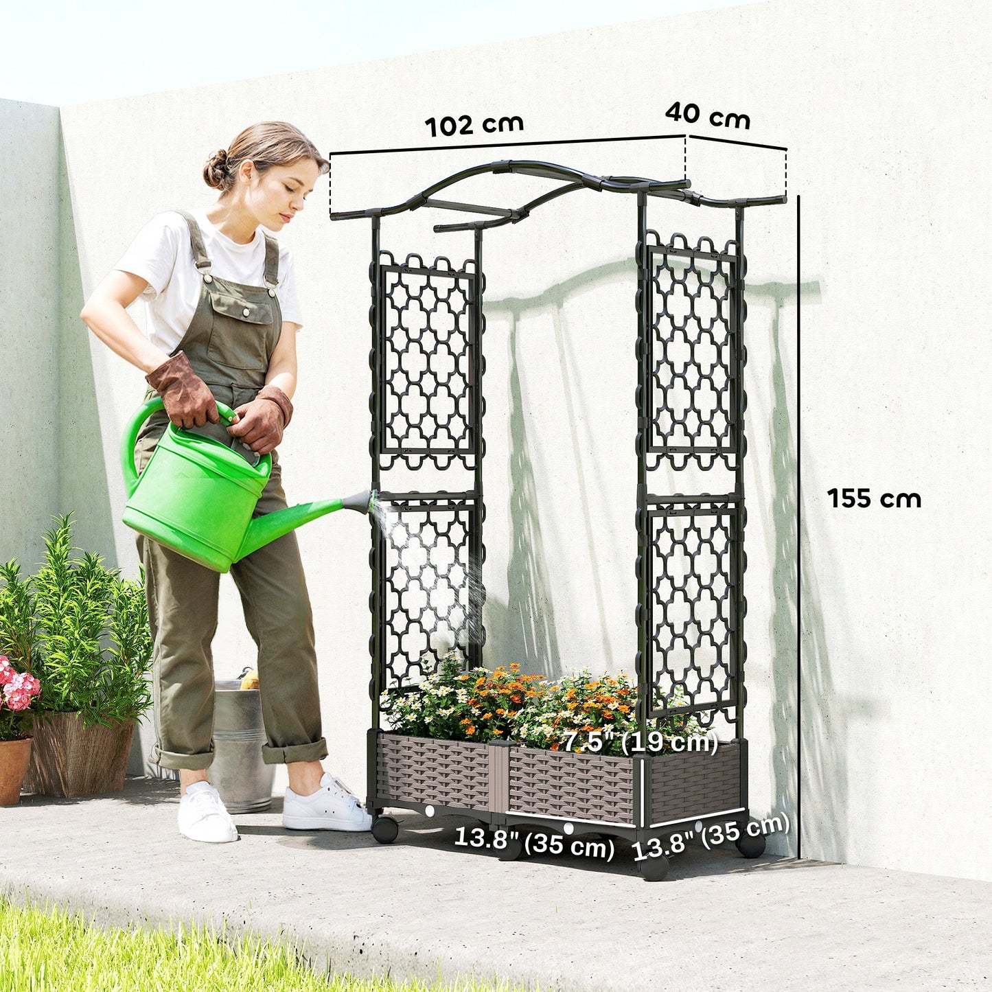 Raised Garden Bed with Arch Trellis, Raised Bed for Garden on Wheels with Side Trellis, Self Watering Outdoor Planter Box with Drainage Holes, Drain Plugs for Climbing Plants, Flowers, Herbs