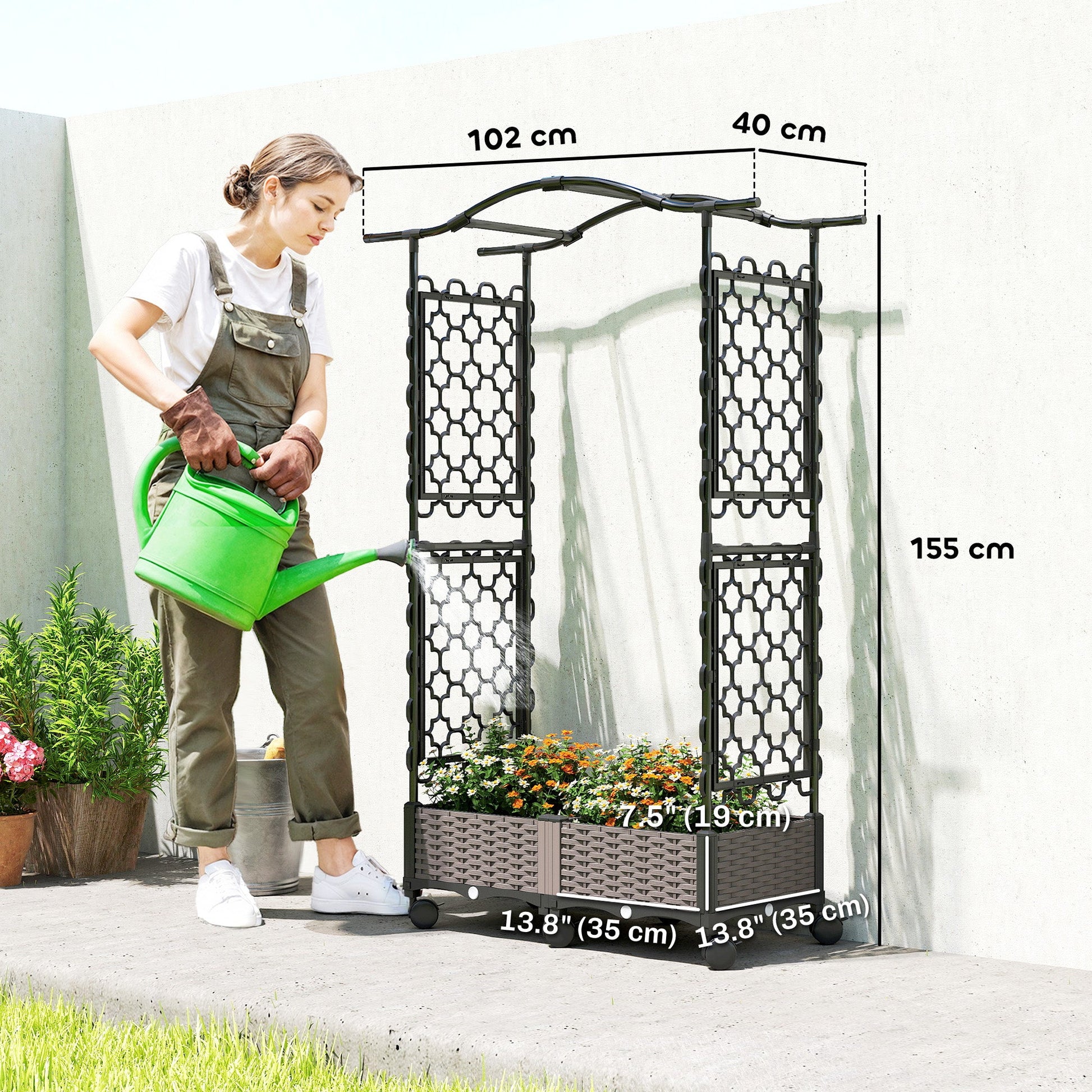 Raised Garden Bed with Arch Trellis, Raised Bed for Garden on Wheels with Side Trellis, Self Watering Outdoor Planter Box with Drainage Holes, Drain Plugs for Climbing Plants, Flowers, Herbs