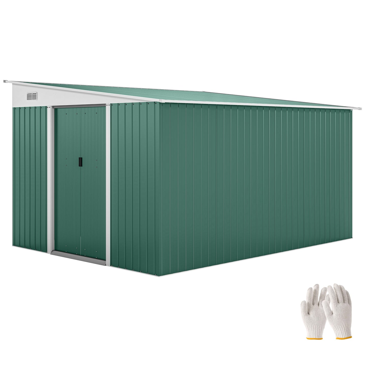 11.3 x 9.2ft Lean to Metal Garden Shed, Outdoor Galvanised Tool Storage House with Double Sliding Doors and 2 Air Vents, Green