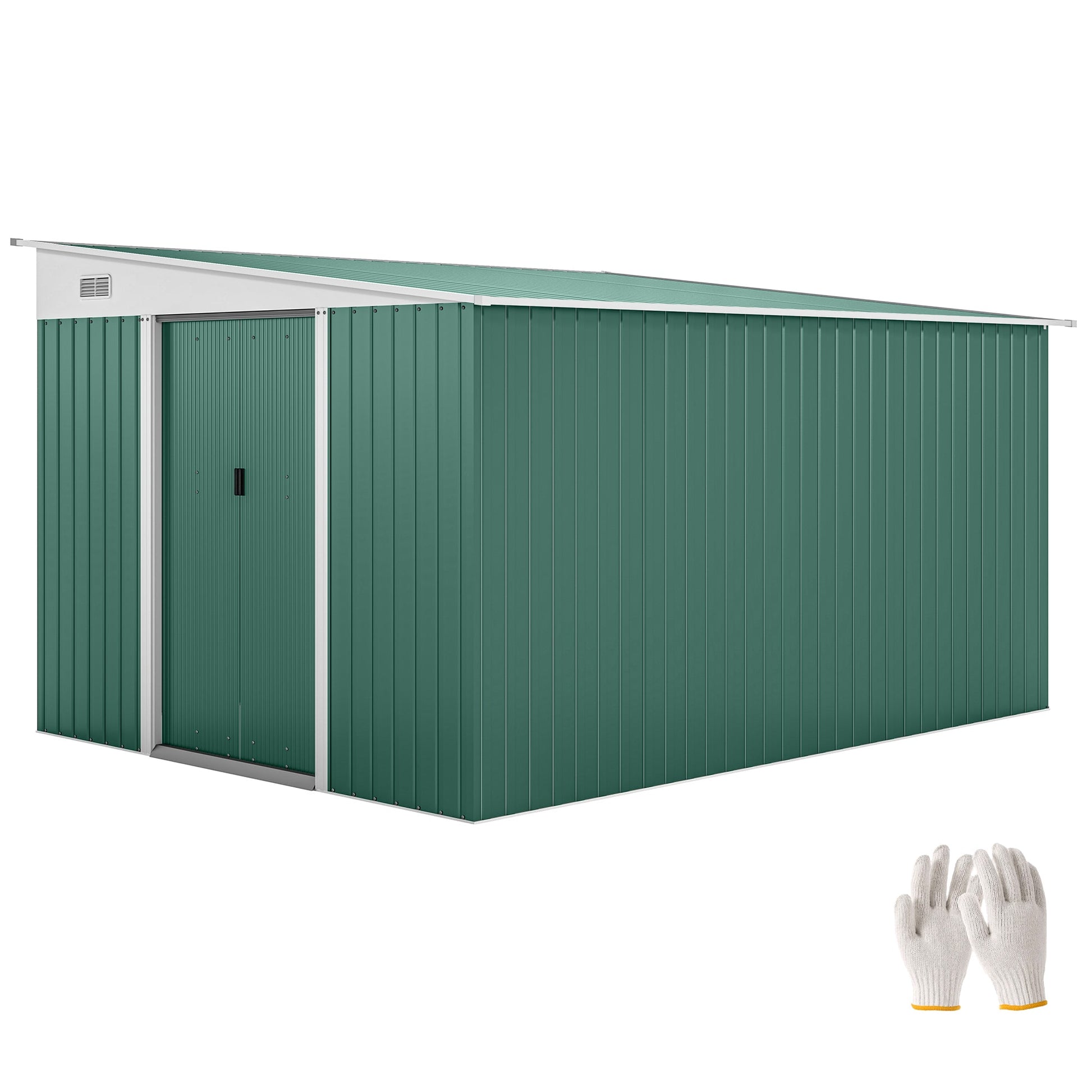 11.3 x 9.2ft Lean to Metal Garden Shed, Outdoor Galvanised Tool Storage House with Double Sliding Doors and 2 Air Vents, Green