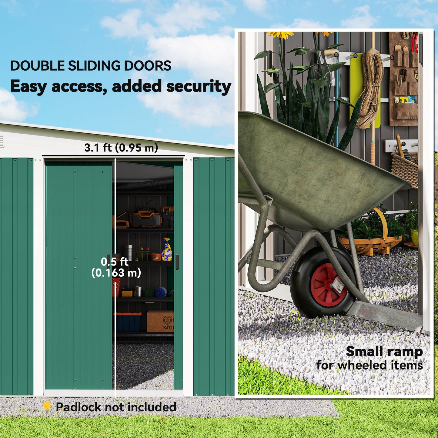 11.3 x 9.2ft Lean to Metal Garden Shed, Outdoor Galvanised Tool Storage House with Double Sliding Doors and 2 Air Vents, Green