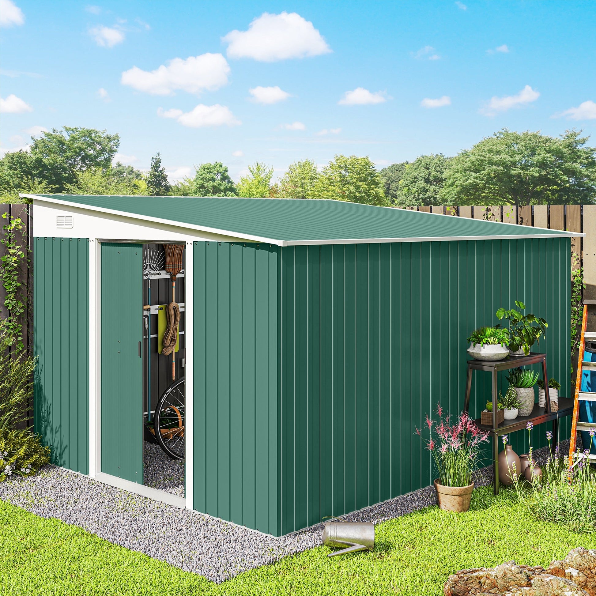 11.3 x 9.2ft Lean to Metal Garden Shed, Outdoor Galvanised Tool Storage House with Double Sliding Doors and 2 Air Vents, Green