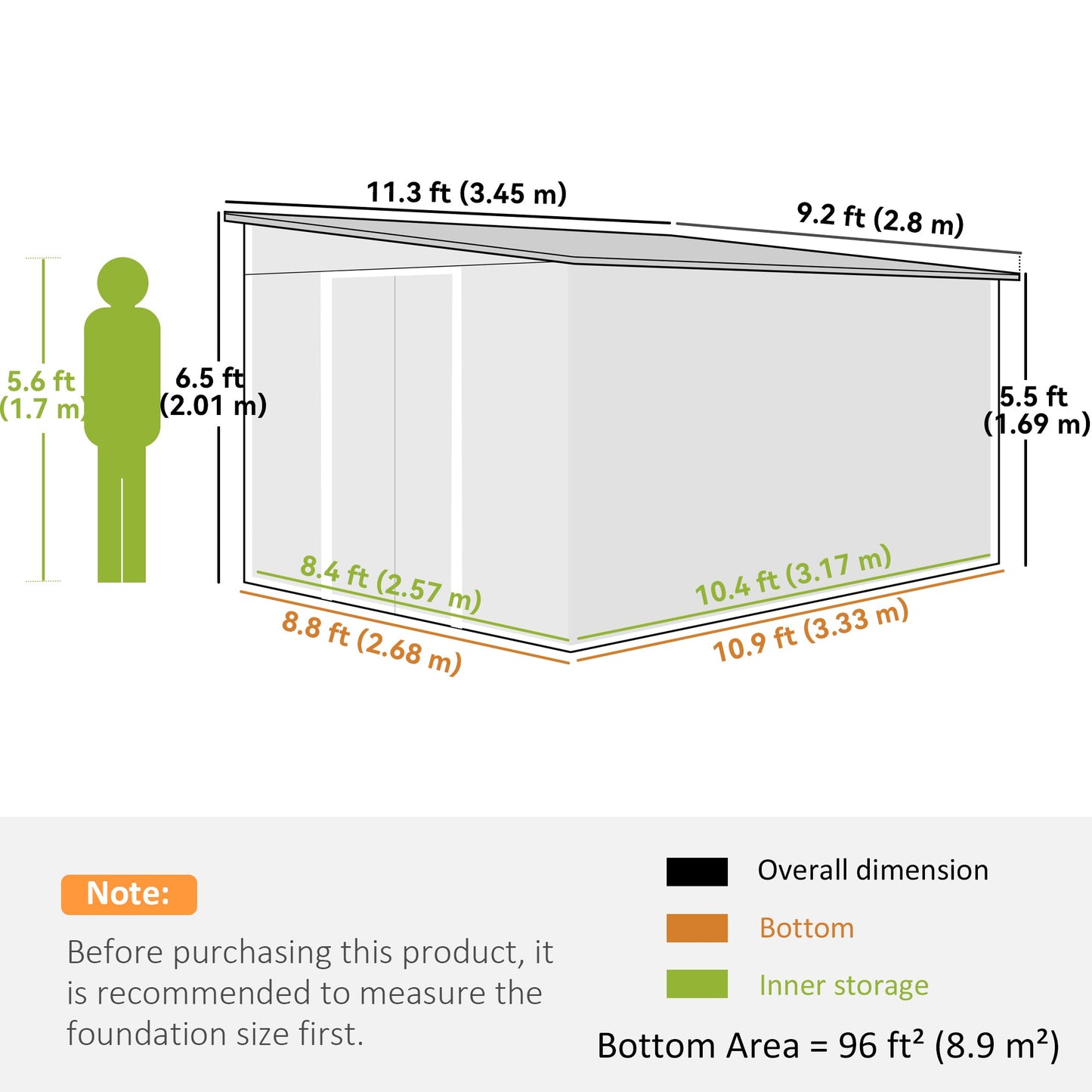 11.3 x 9.2ft Lean to Metal Garden Shed, Outdoor Galvanised Tool Storage House with Double Sliding Doors and 2 Air Vents, Green