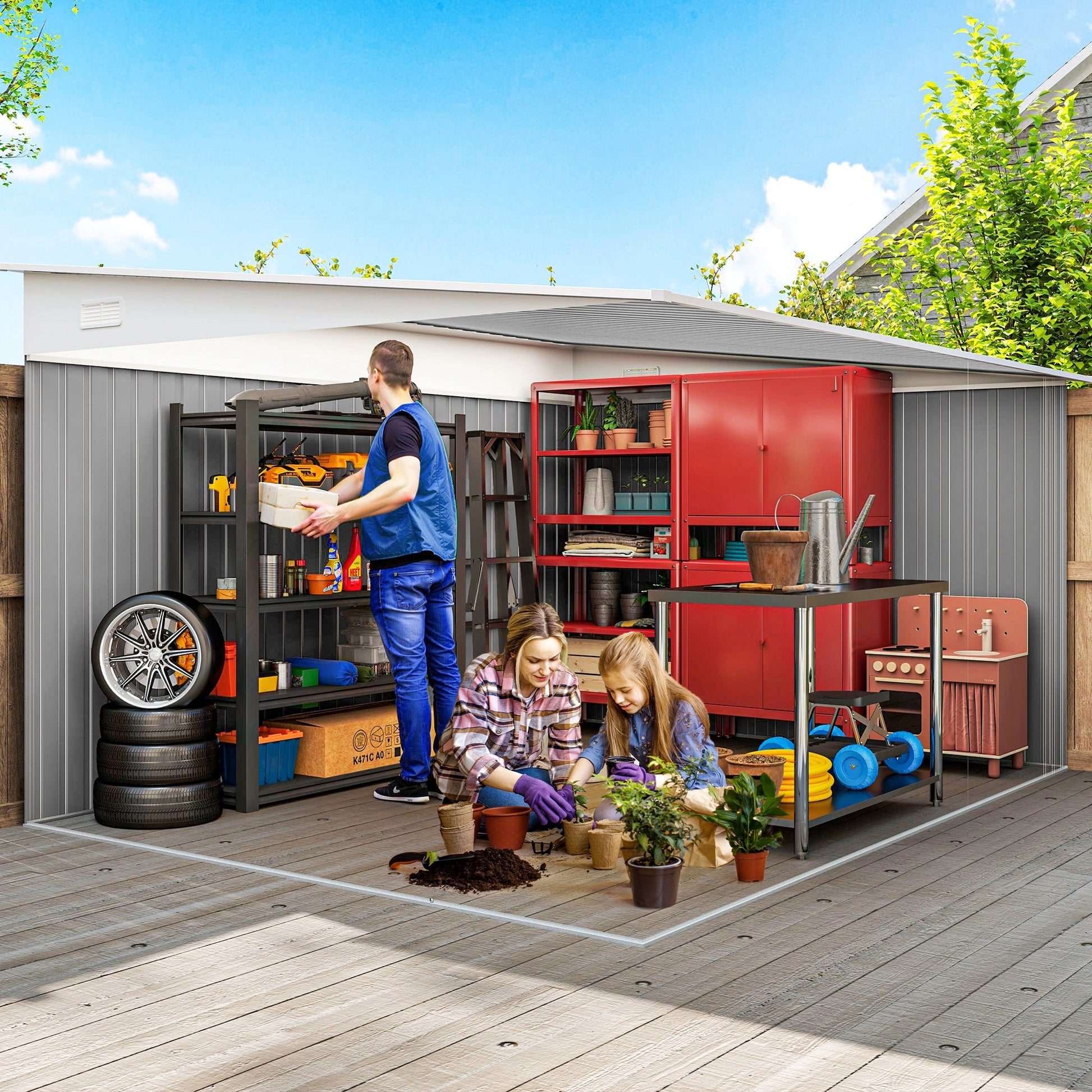 11.3 x 9.2ft Lean to Metal Garden Shed, Outdoor Galvanised Tool Storage House with Double Sliding Doors and 2 Air Vents, Green