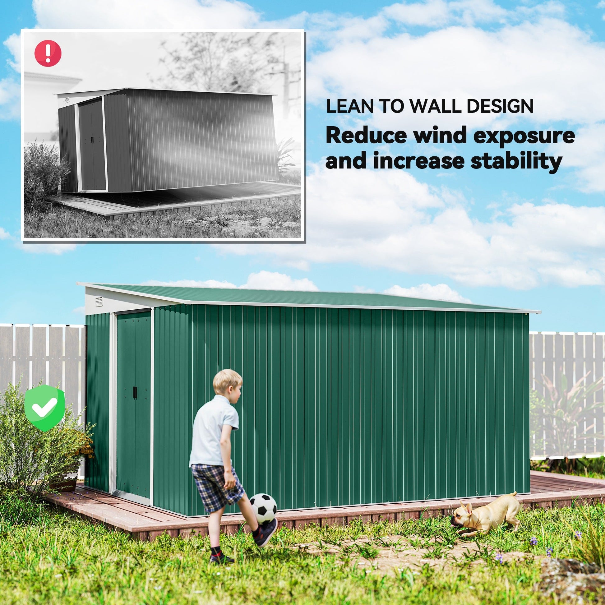 11.3 x 9.2ft Lean to Metal Garden Shed, Outdoor Galvanised Tool Storage House with Double Sliding Doors and 2 Air Vents, Green
