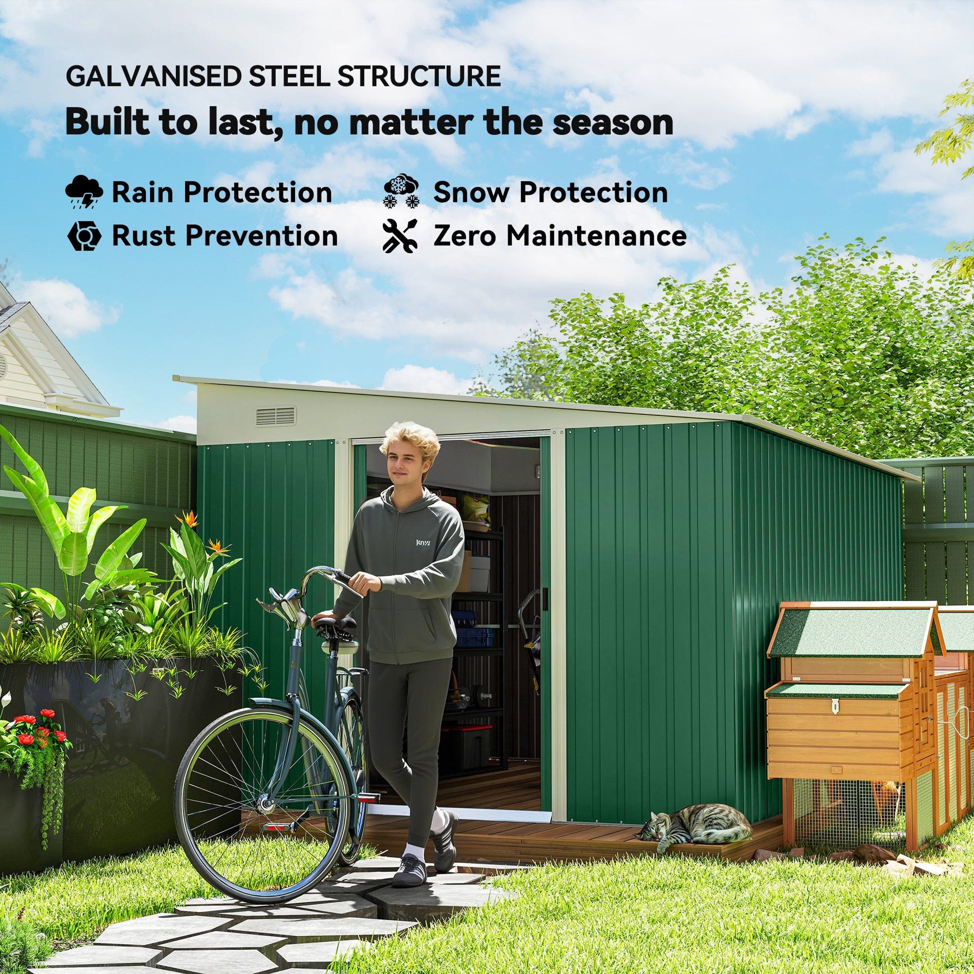 11.3 x 9.2ft Lean to Metal Garden Shed, Outdoor Galvanised Tool Storage House with Double Sliding Doors and 2 Air Vents, Green