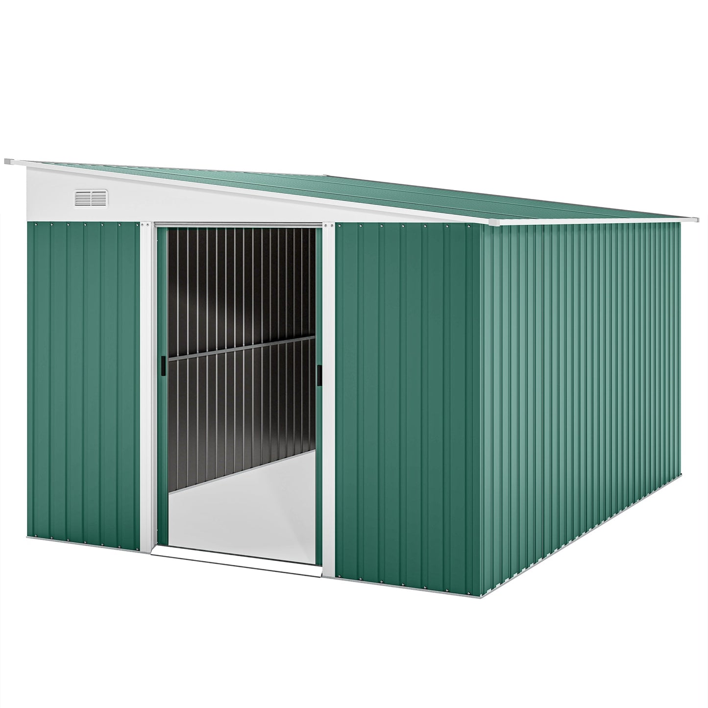 11.3 x 9.2ft Lean to Metal Garden Shed, Outdoor Galvanised Tool Storage House with Double Sliding Doors and 2 Air Vents, Green
