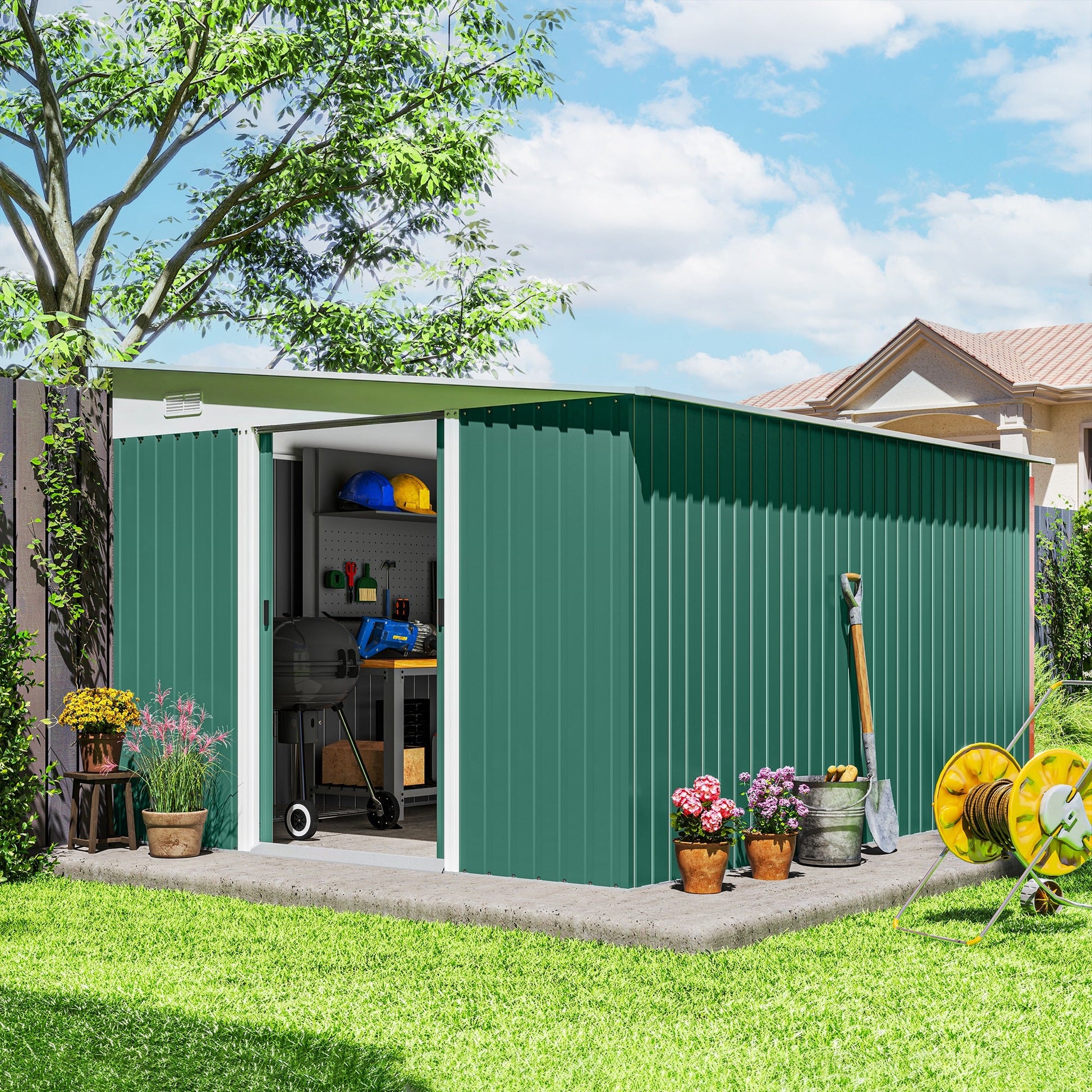 11.3 x 9.2ft Lean to Metal Garden Shed, Outdoor Galvanised Tool Storage House with Double Sliding Doors and 2 Air Vents, Green