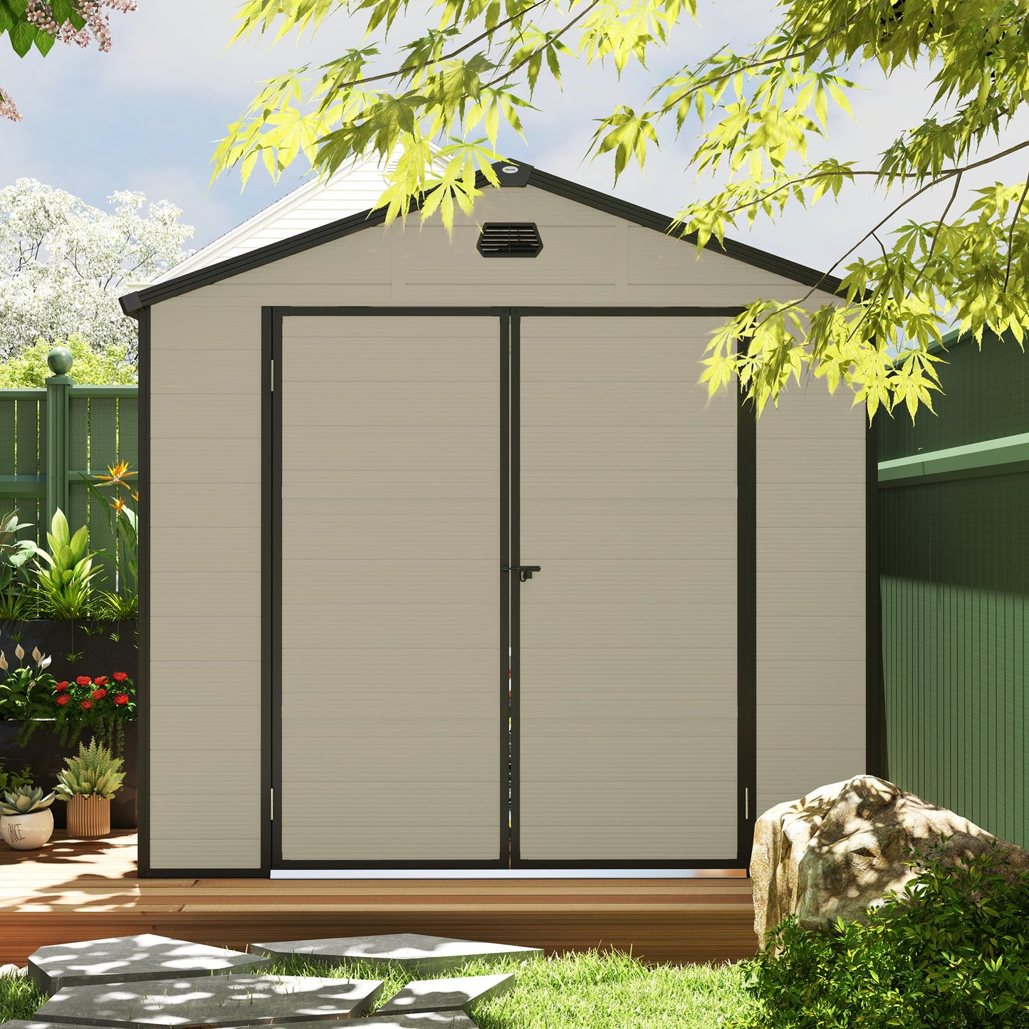 8 x 6ft Plastic Garden Storage Shed with Foundation Kit, Polypropylene Outdoor Storage Tool House with Ventilation Slots and Lockable Door, Cream White