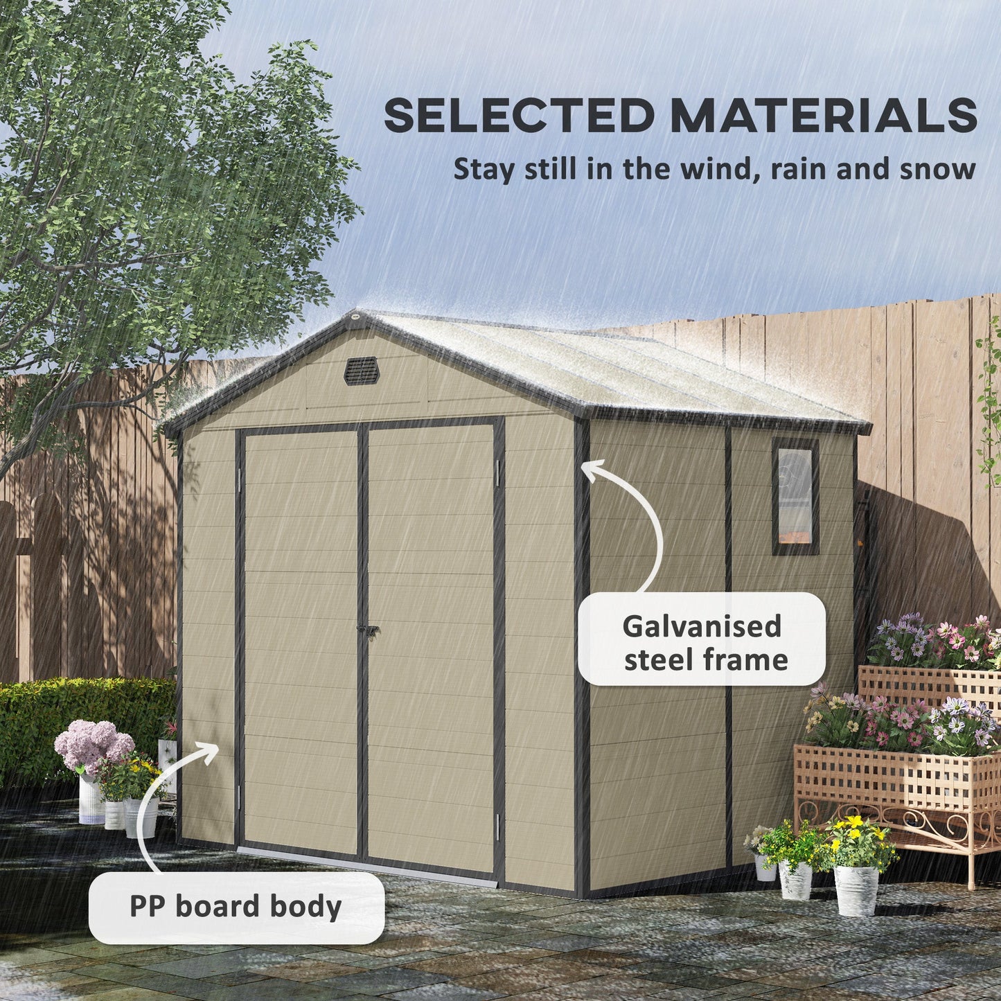 8 x 6ft Plastic Garden Storage Shed with Foundation Kit, Polypropylene Outdoor Storage Tool House with Ventilation Slots and Lockable Door, Cream White