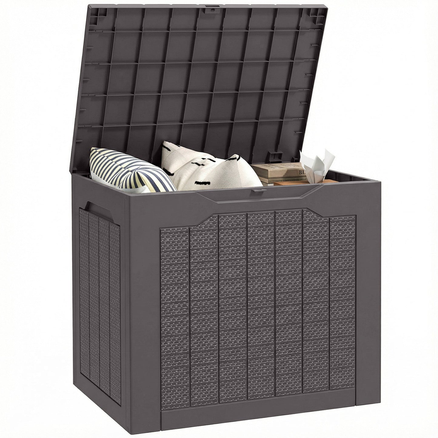 93L Plastic Garden Storage Box, Outdoor Storage Box with Handles, Waterproof Outdoor Storage Container for Garden Tools and Accessories, Brown