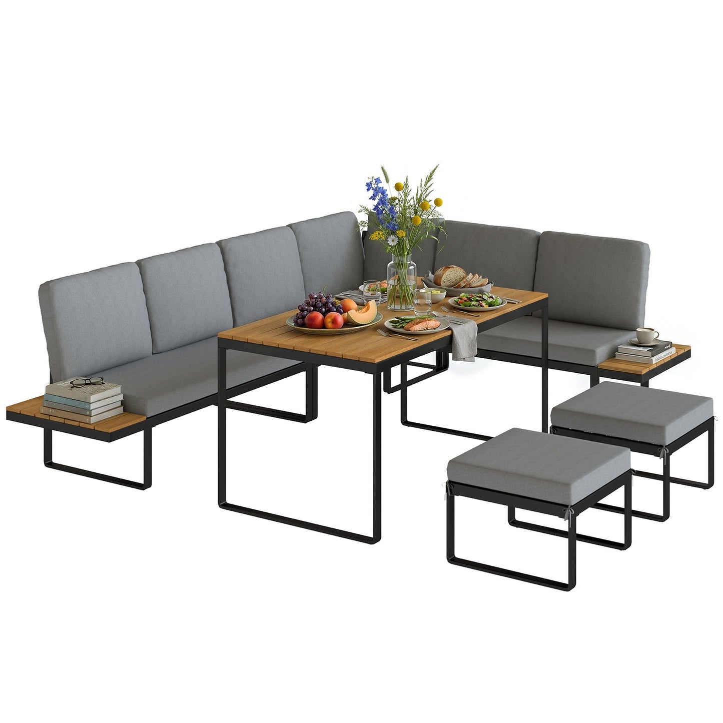 6-Piece Garden Corner Sofa Set with Cushions, 6-8 Seater Aluminium Garden Furniture Set with Coffee Table, Patio Sectional Conservatory Furniture for Patio & Terrace, Grey