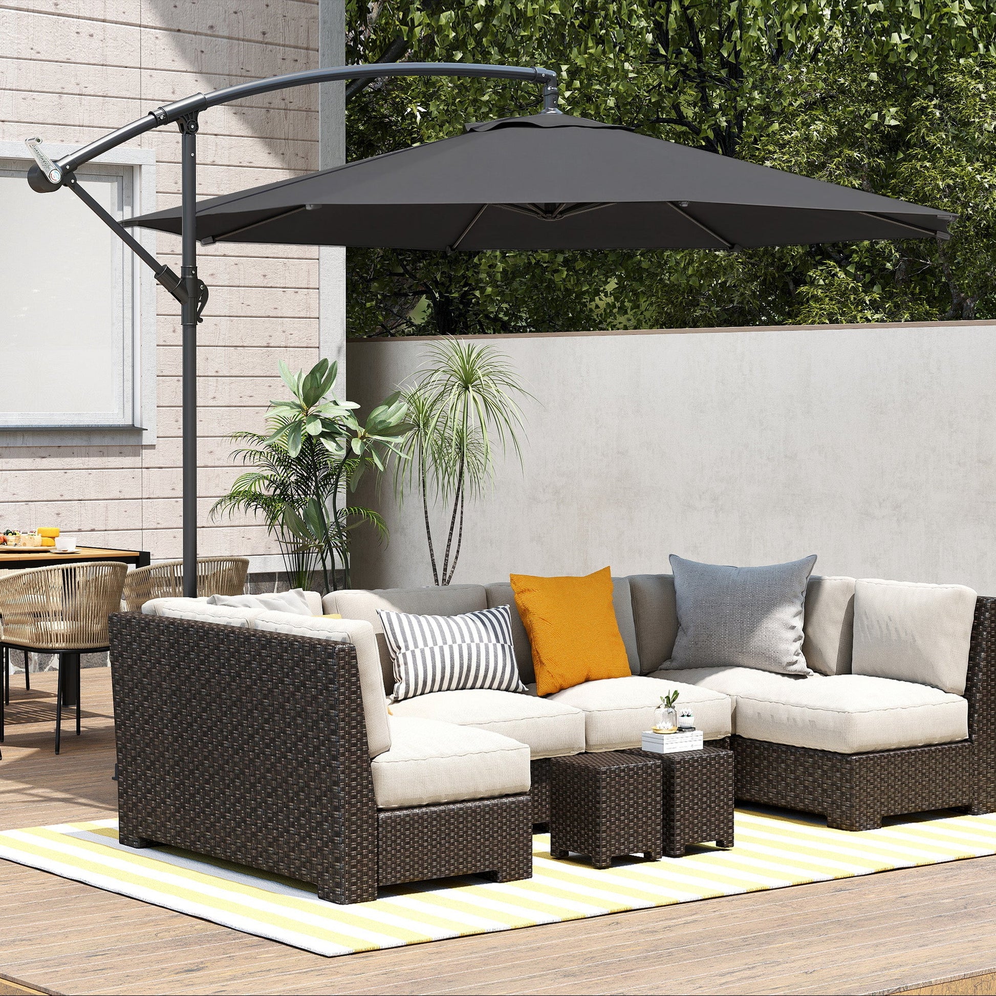 3(m) Garden Banana Parasol Hanging Cantilever Umbrella with Crank Handle, 8 Ribs and Cross Base for Outdoor, Sun Shade, Black