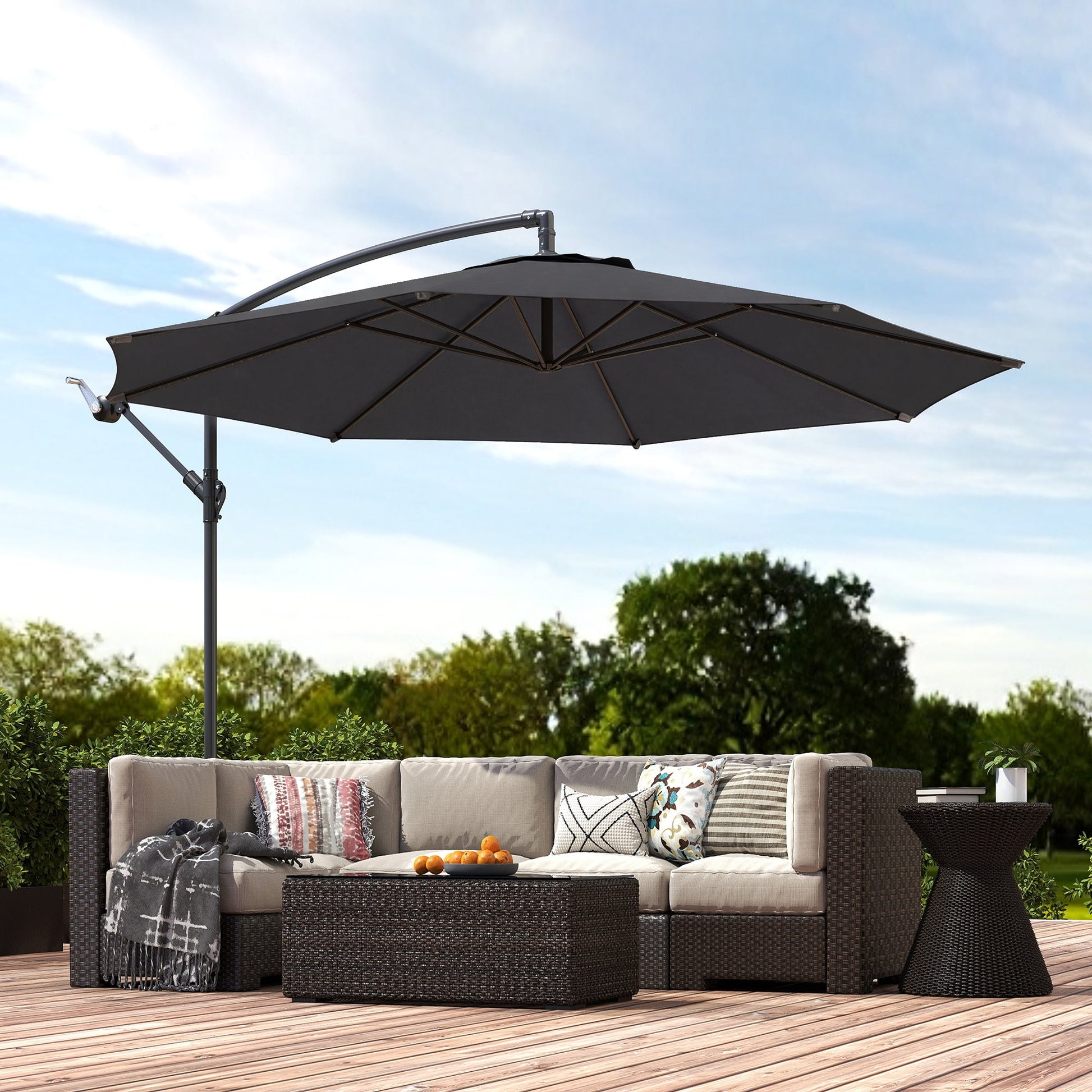 3(m) Garden Banana Parasol Hanging Cantilever Umbrella with Crank Handle, 8 Ribs and Cross Base for Outdoor, Sun Shade, Black