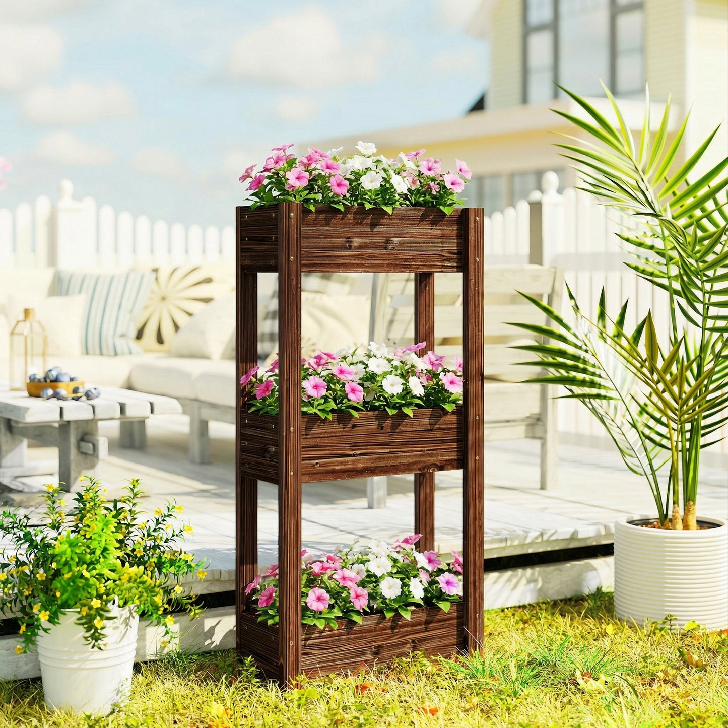 3-Tier Wooden Raised Planter, Raised Garden Bed on Legs with Drainage Holes and Bed Liner, Outdoor Elevated Garden Planter for Vegetables, Herbs, Flowers, 60 x 25 x 120 cm