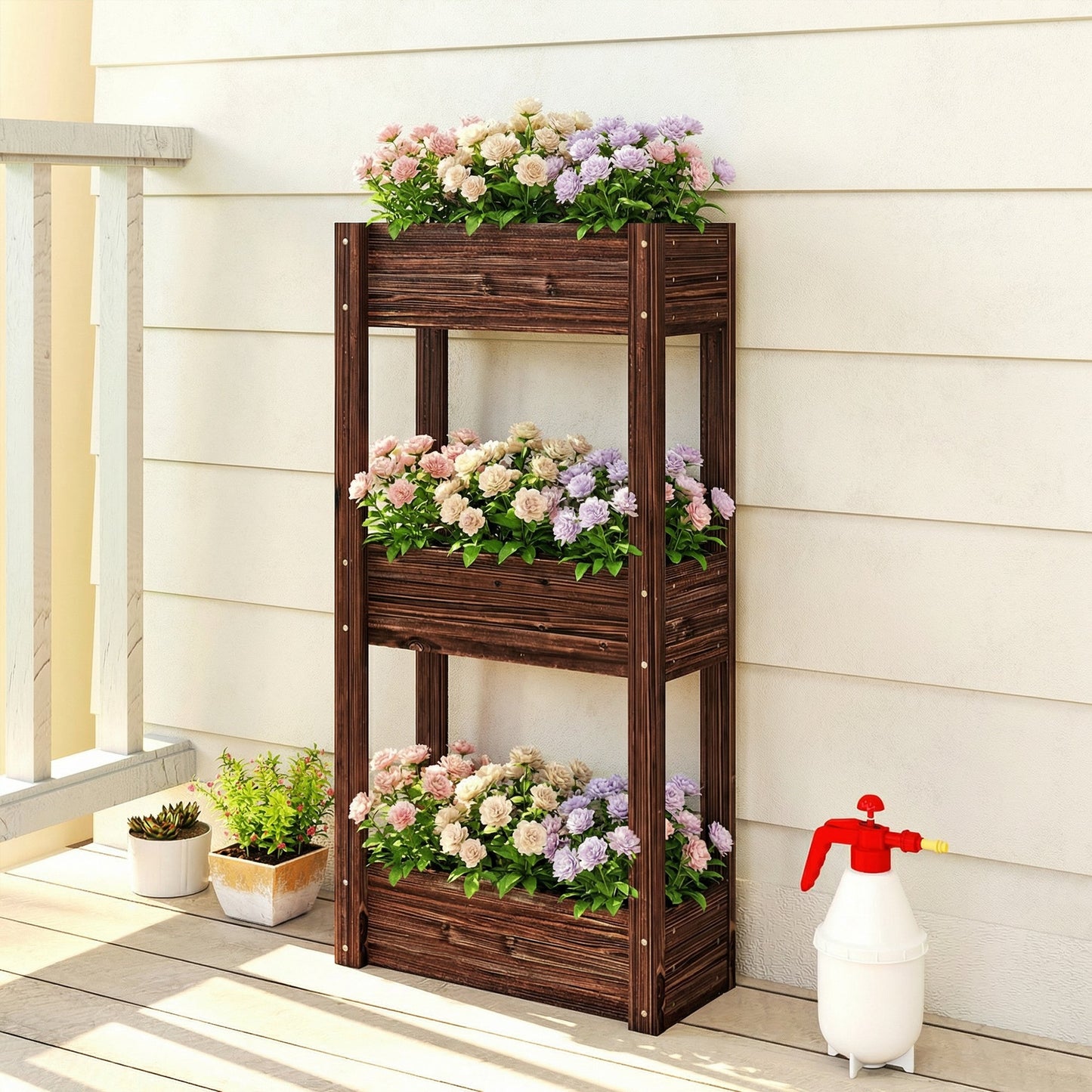 3-Tier Wooden Raised Planter, Raised Garden Bed on Legs with Drainage Holes and Bed Liner, Outdoor Elevated Garden Planter for Vegetables, Herbs, Flowers, 60 x 25 x 120 cm