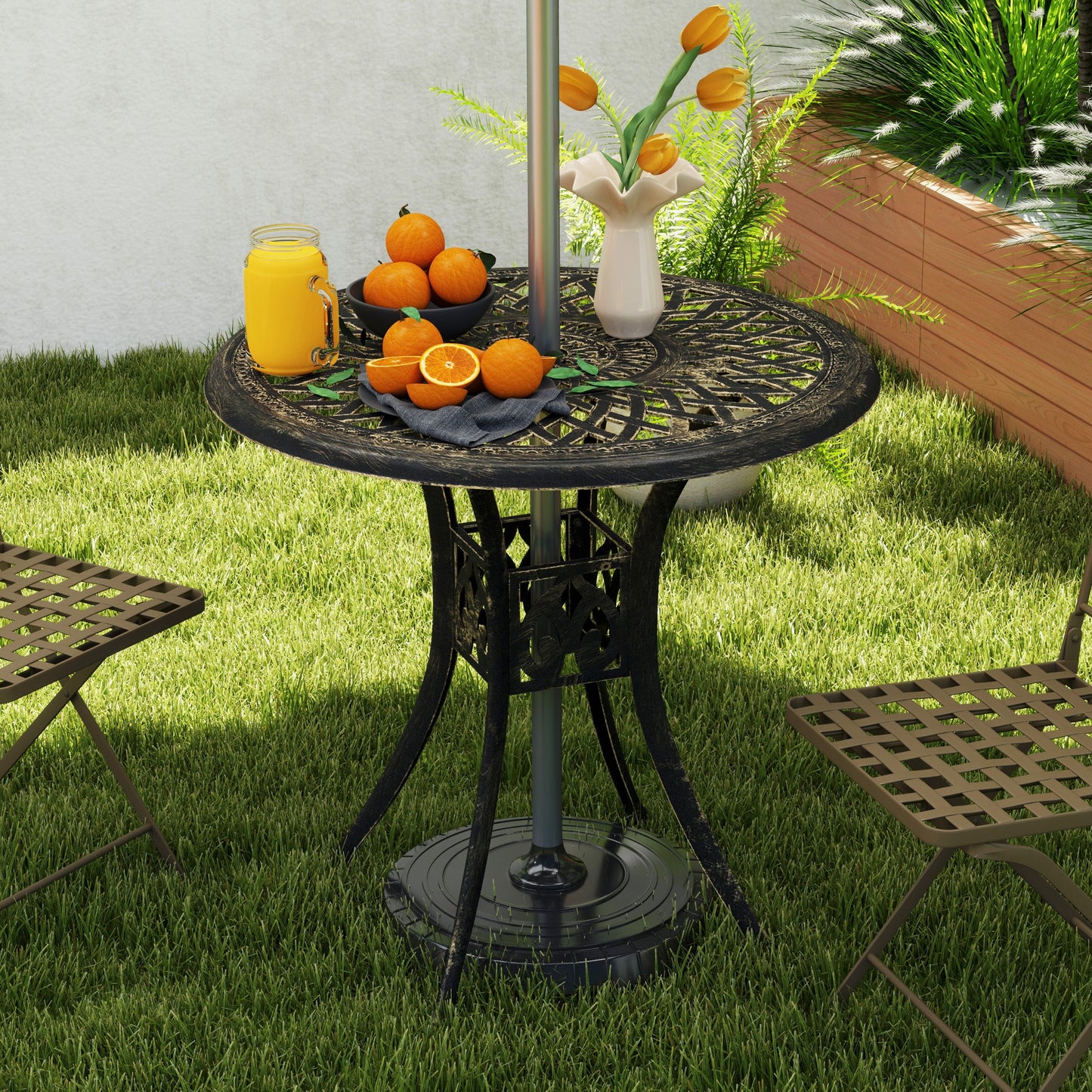 78 cm Round Garden Dining Table with Parasol Hole Antique Cast Aluminium Outdoor Table Only, Bronze Tone