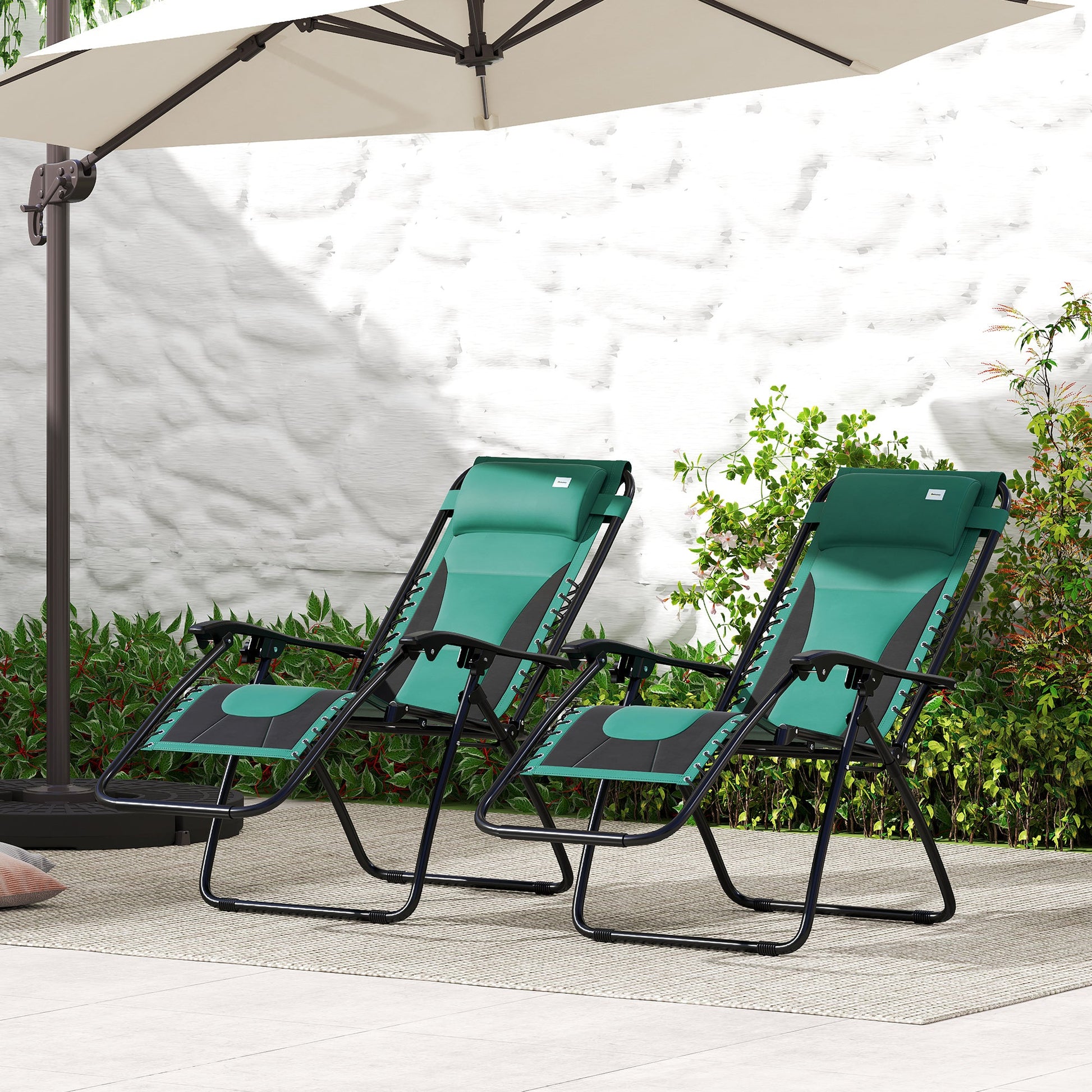 Zero Gravity Lounger Chair Set of 2, Folding Reclining Patio Chair with Padded Seat, Cup Holder, Soft Cushion and Headrest for Poolside, Camping, Green