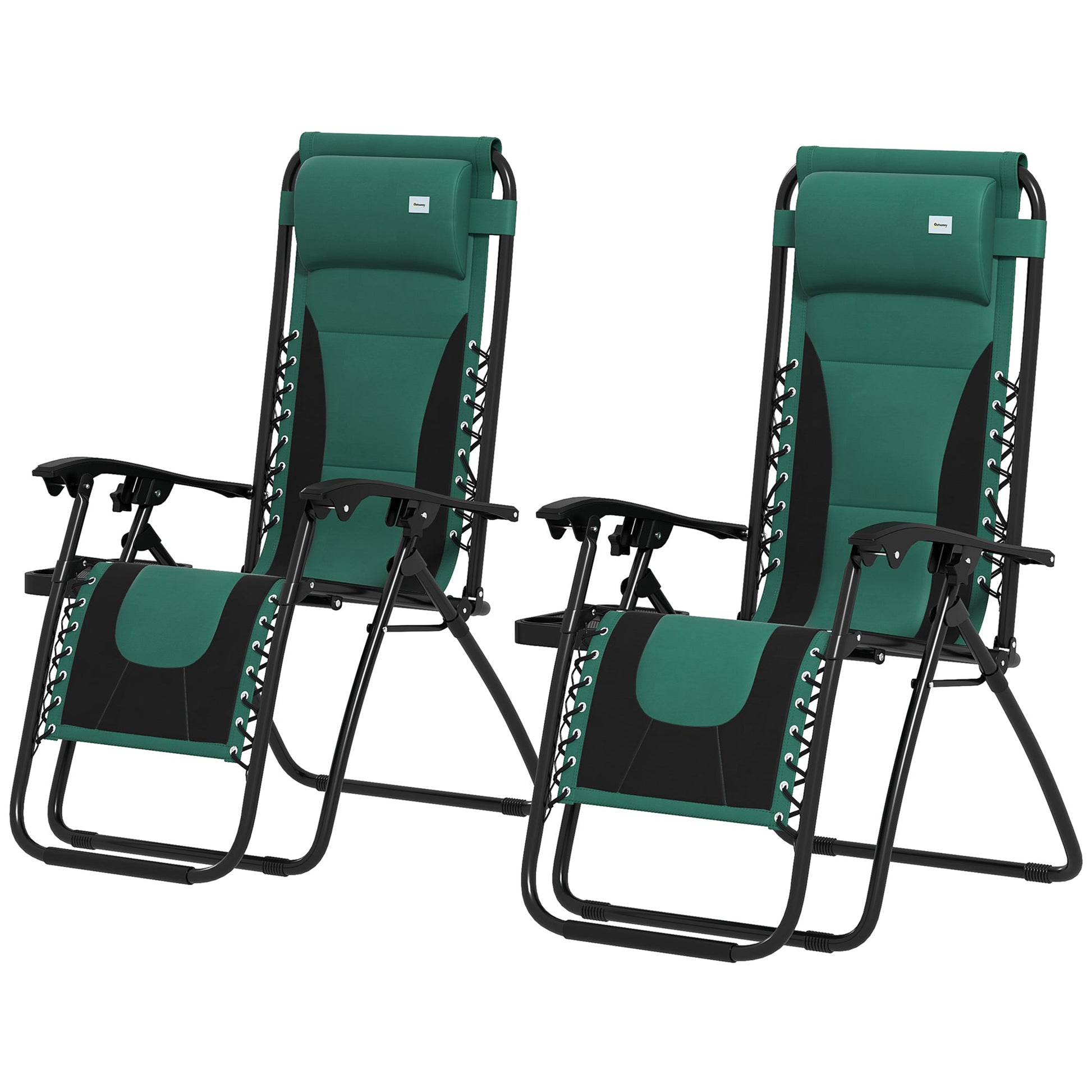 Zero Gravity Lounger Chair Set of 2, Folding Reclining Patio Chair with Padded Seat, Cup Holder, Soft Cushion and Headrest for Poolside, Camping, Green