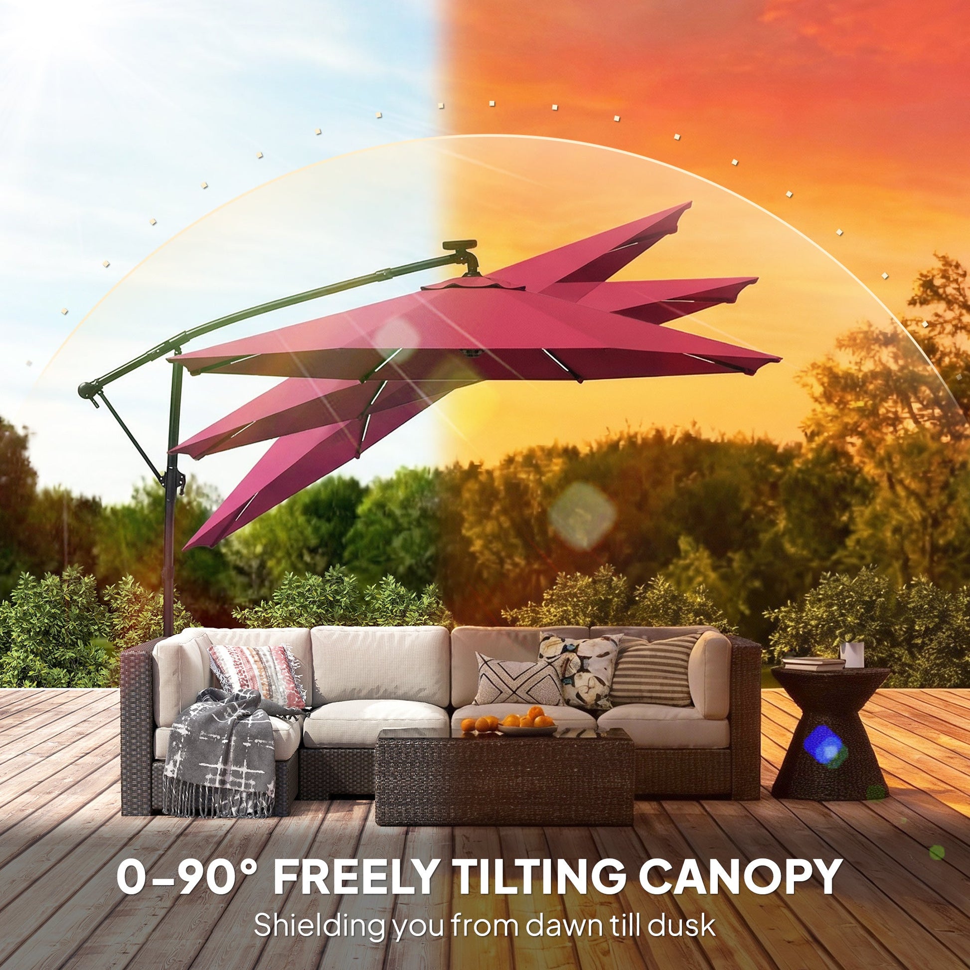 3 m Garden Cantilever Parasol with LED Solar Light, Round Overhanging Umbrella with 6-Position 360° Rotation, Crank Handle, Tilt, Cover, Banana Patio Umbrella for Outdoor Sun Shade, Wine Red