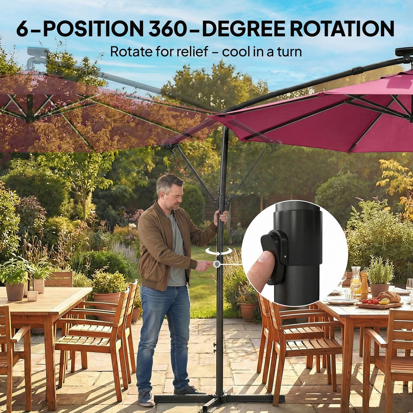 3 m Garden Cantilever Parasol with LED Solar Light, Round Overhanging Umbrella with 6-Position 360° Rotation, Crank Handle, Tilt, Cover, Banana Patio Umbrella for Outdoor Sun Shade, Wine Red