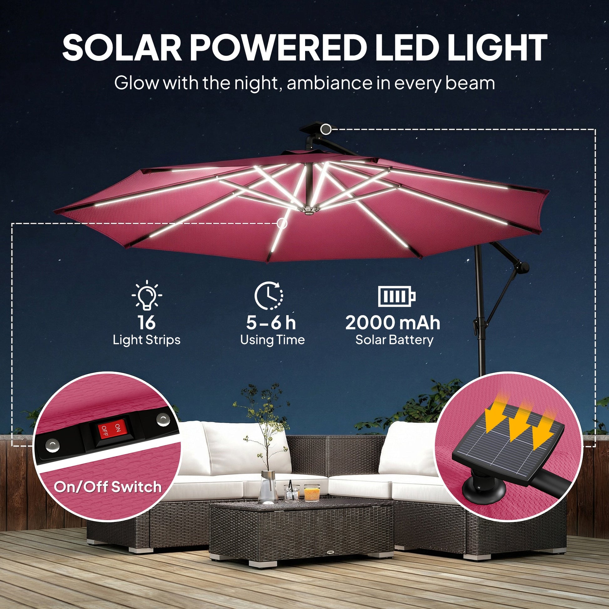 3 m Garden Cantilever Parasol with LED Solar Light, Round Overhanging Umbrella with 6-Position 360° Rotation, Crank Handle, Tilt, Cover, Banana Patio Umbrella for Outdoor Sun Shade, Wine Red