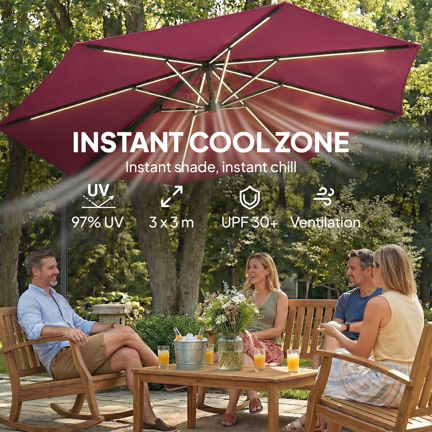 3 m Garden Cantilever Parasol with LED Solar Light, Round Overhanging Umbrella with 6-Position 360° Rotation, Crank Handle, Tilt, Cover, Banana Patio Umbrella for Outdoor Sun Shade, Wine Red