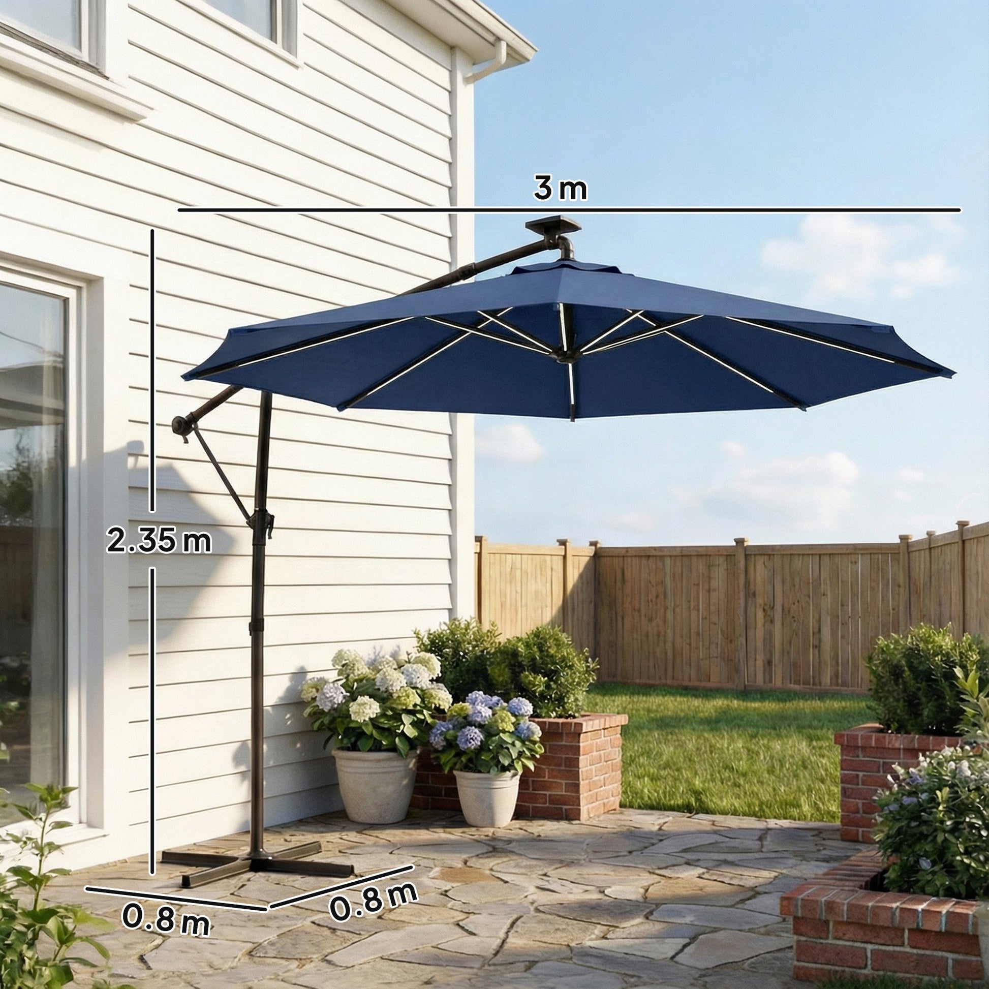 3 m Garden Cantilever Parasol with LED Solar Light, Round Overhanging Umbrella with 6-Position 360° Rotation, Crank Handle, Tilt, Cover, Banana Patio Umbrella for Outdoor Sun Shade, Navy Blue