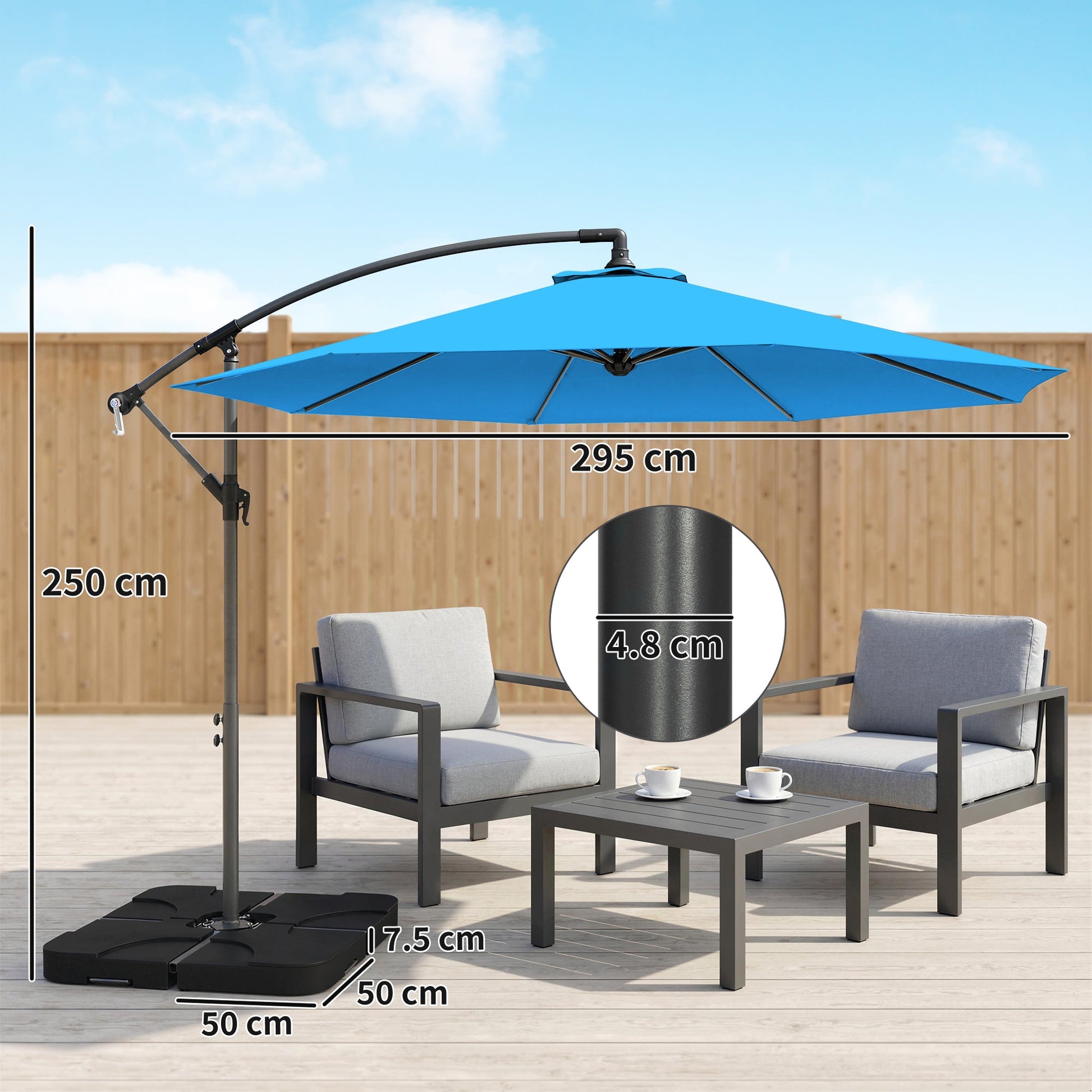 3 m Cantilever Parasol with Umbrella Weights, Cross Base, Offset Outdoor Umbrella with Protective Cover, Crank Handle, Hanging Sun Shade, Blue