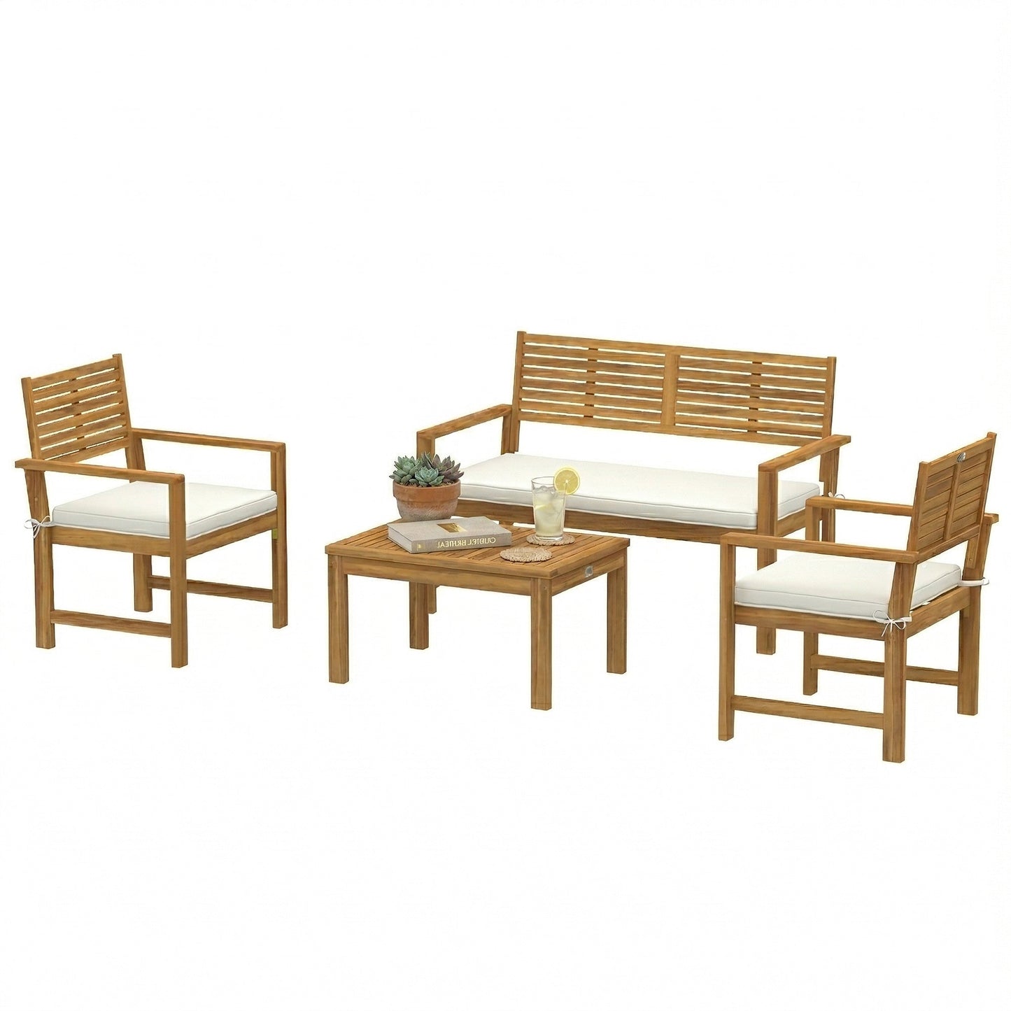 4 Seater Wooden Garden Furniture Set with Loveseat, 2 Armchairs, Wood-Top Table, Acacia Wood Garden Sofa Set with Cushions, Outdoor Furniture Conversation Sets, Cream White