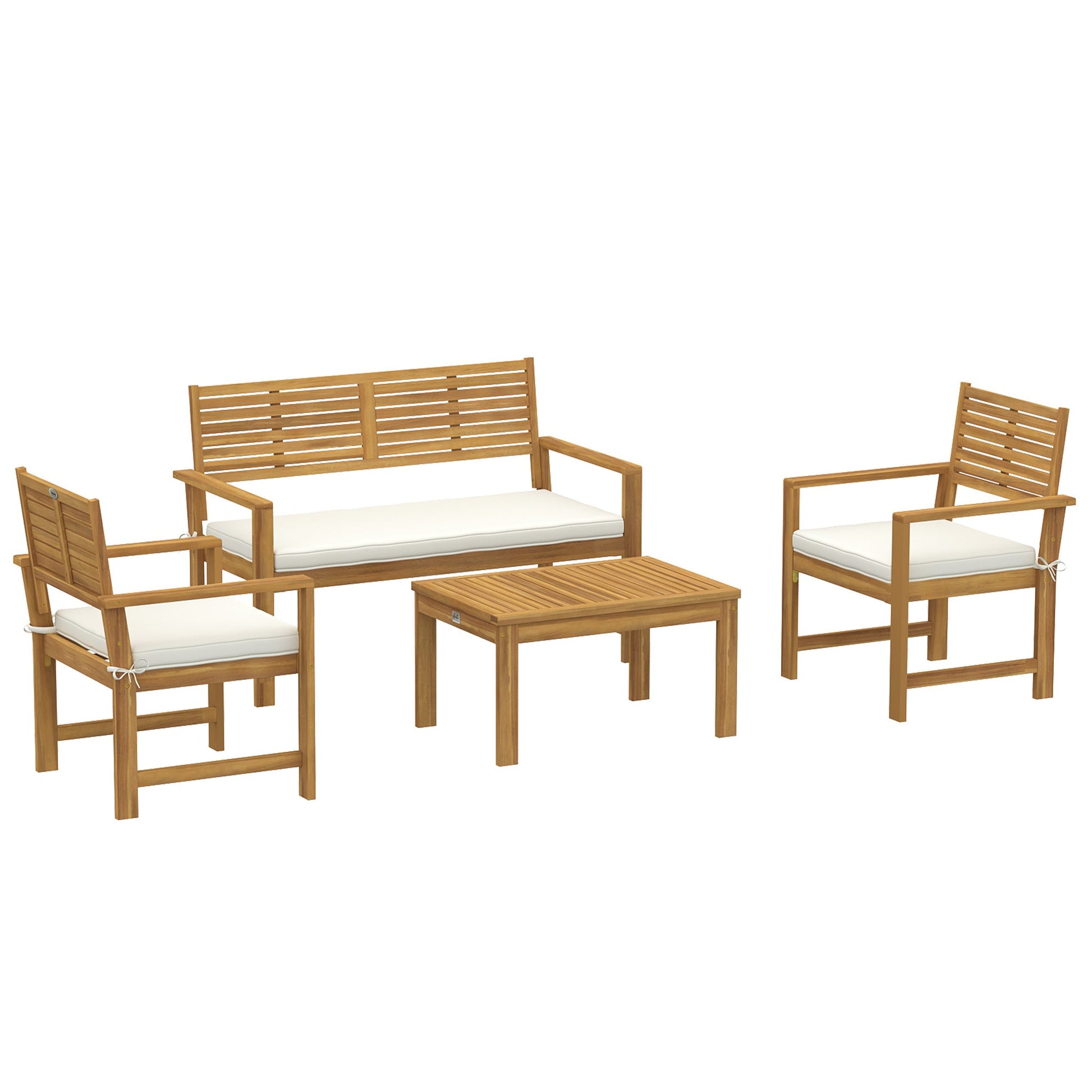4 Seater Wooden Garden Furniture Set with Loveseat, 2 Armchairs, Wood-Top Table, Acacia Wood Garden Sofa Set with Cushions, Outdoor Furniture Conversation Sets, Cream White