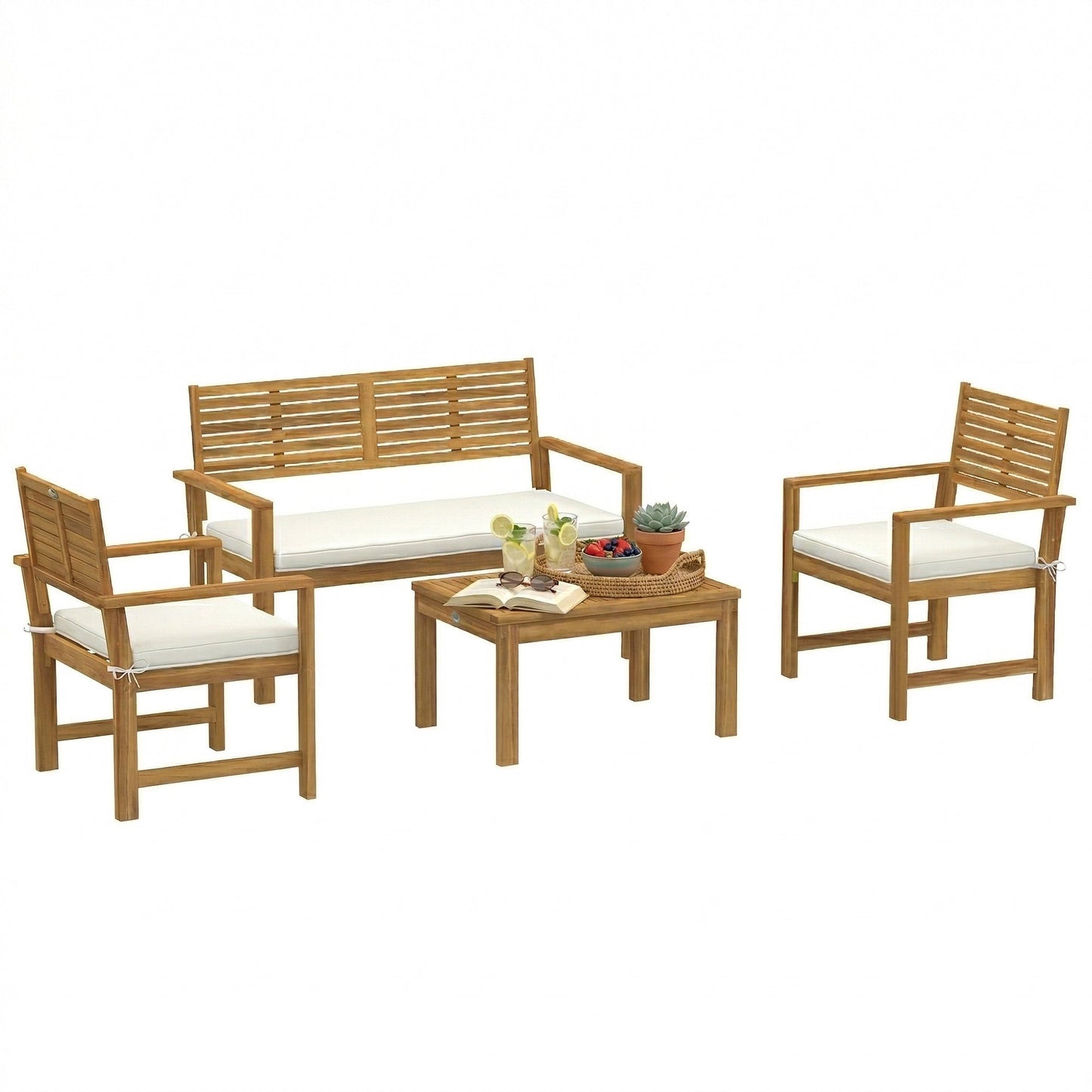 4 Seater Wooden Garden Furniture Set with Loveseat, 2 Armchairs, Wood-Top Table, Acacia Wood Garden Sofa Set with Cushions, Outdoor Furniture Conversation Sets, Cream White