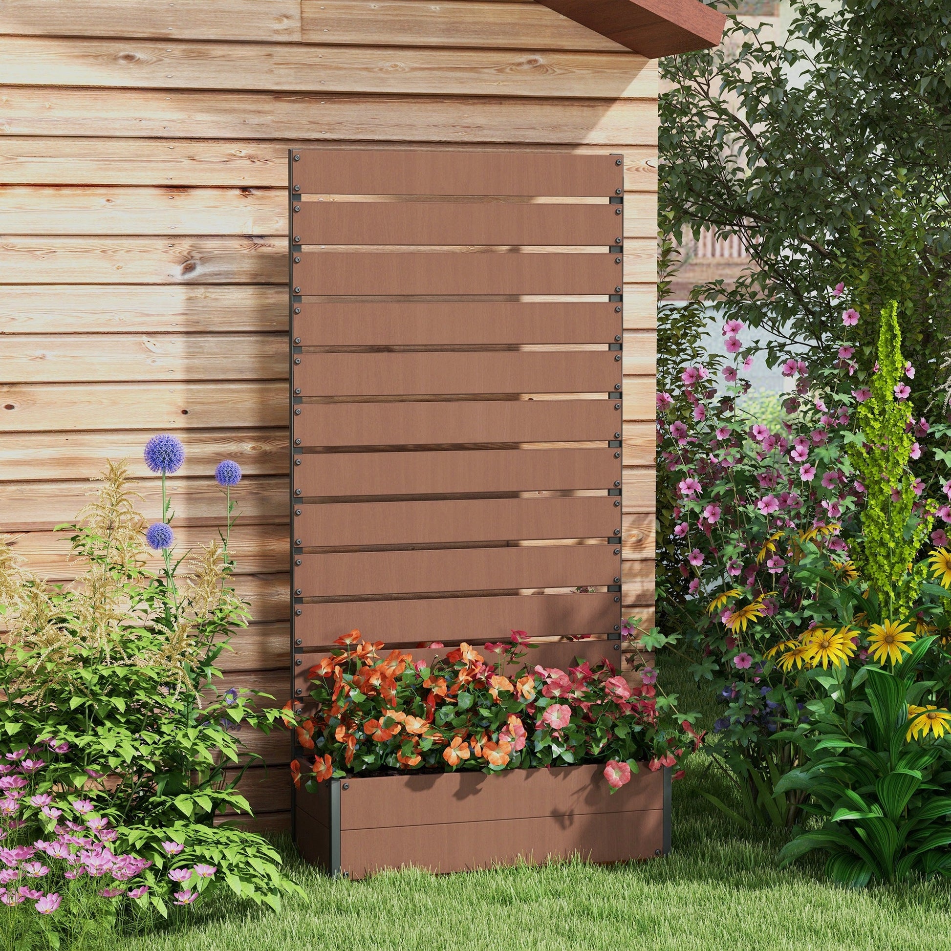 Garden Planter with Trellis for Climbing Plants, Vines, Flowers, Freestanding Raised Bed for Garden, Outdoor, Patio, Planter Box with Drainage Gap, Light Brown