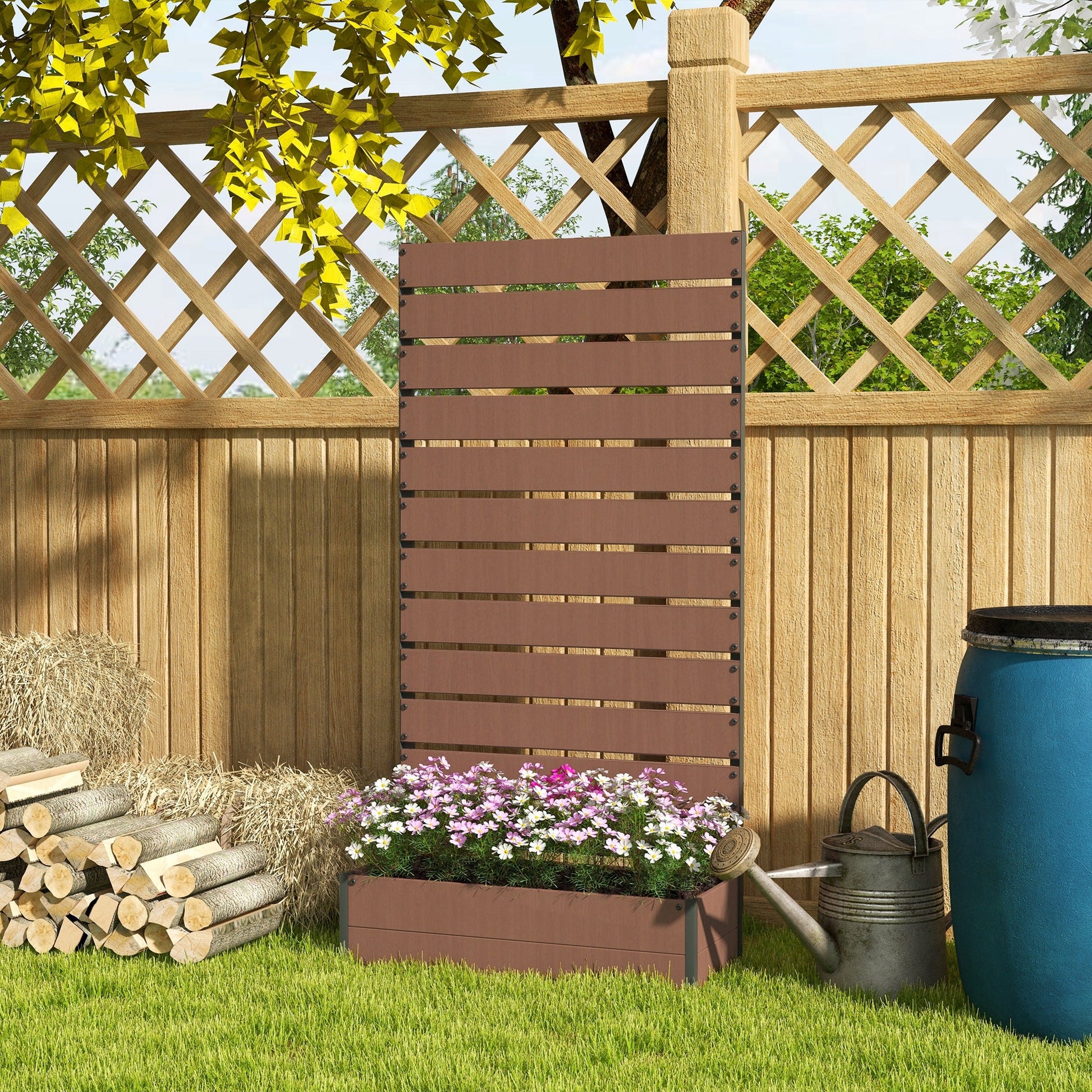 Garden Planter with Trellis for Climbing Plants, Vines, Flowers, Freestanding Raised Bed for Garden, Outdoor, Patio, Planter Box with Drainage Gap, Light Brown