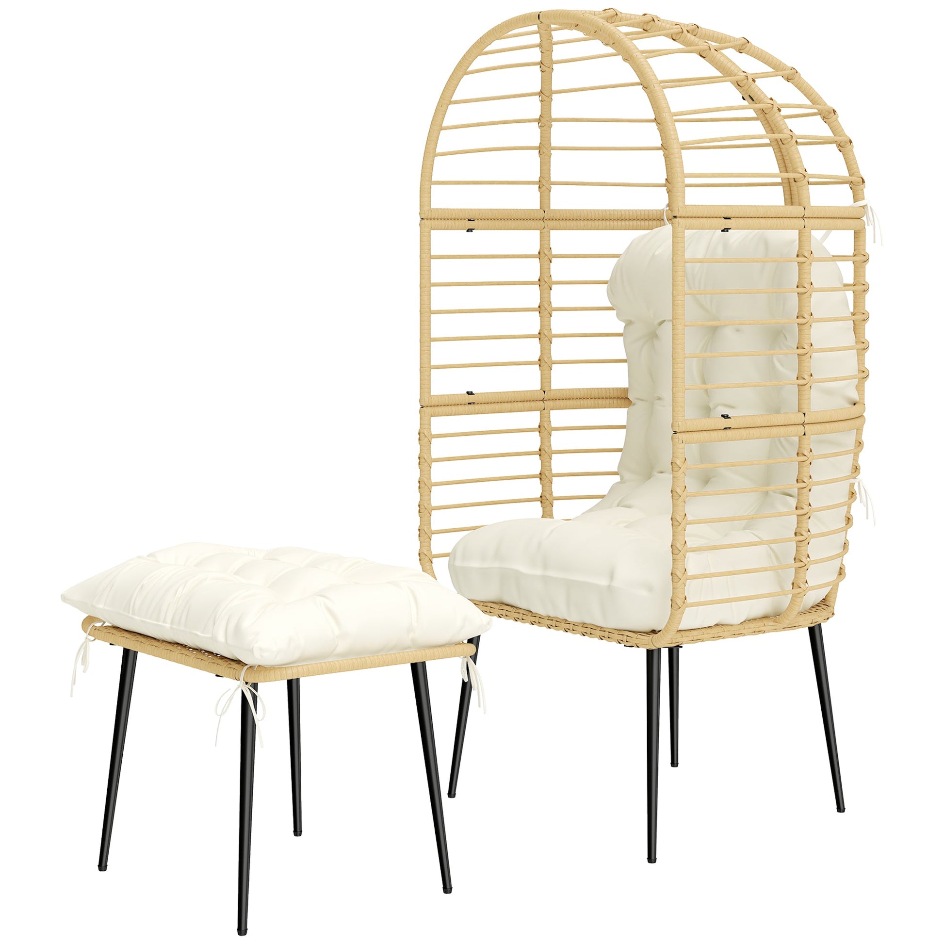 Standing Garden Egg Chair with Footstool, PE Rattan Outdoor Lounge Chair and Ottoman Set with Thick Cushions, Indoor Outdoor Egg Basket Seating for Patio Balcony Porch, Beige