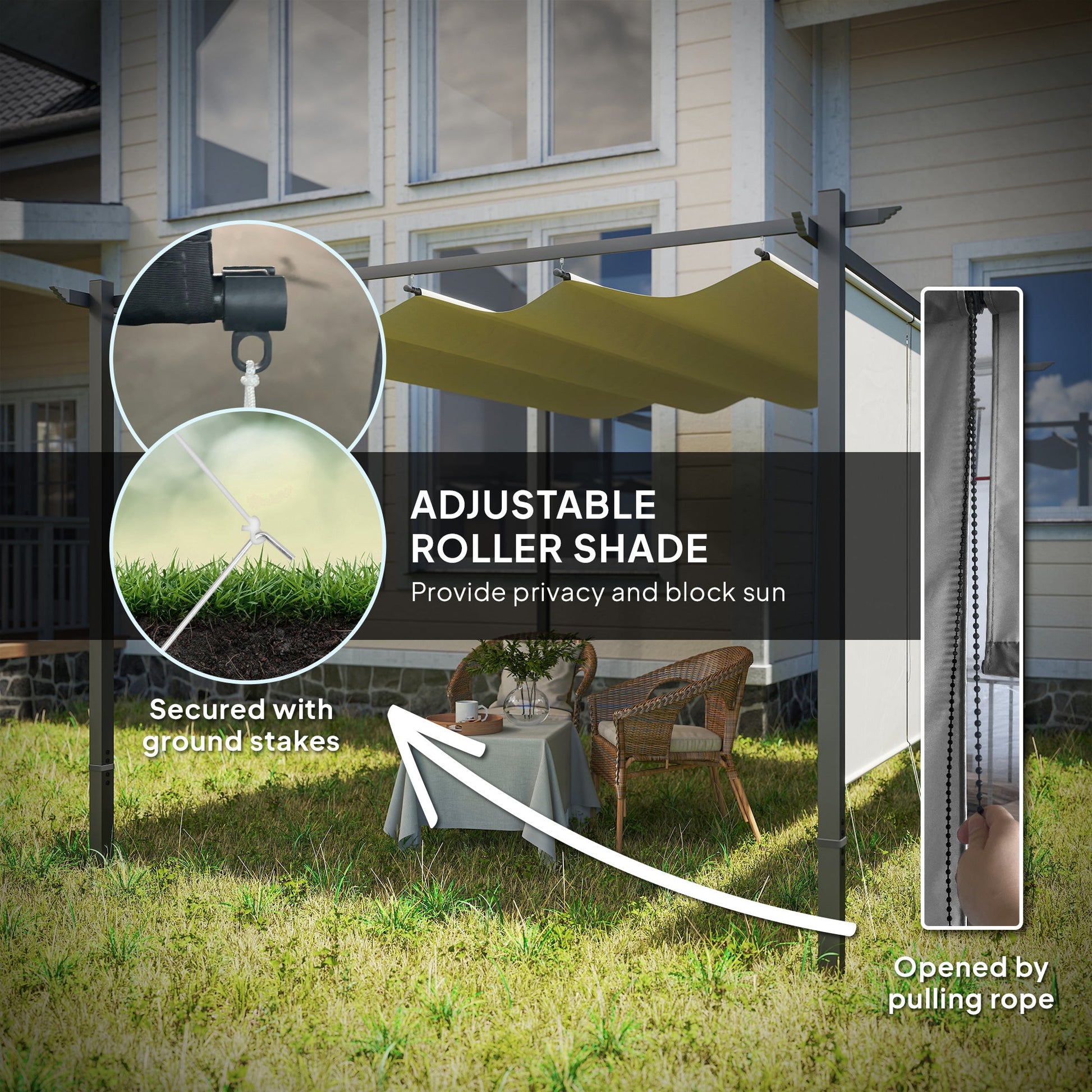 3 x 4m Metal Pergola with Retractable Roof and Roller Shade, Free Standing Gazebo Canopy Pergola Kit, UPF30+ Outdoor Sun Shelter, Beige
