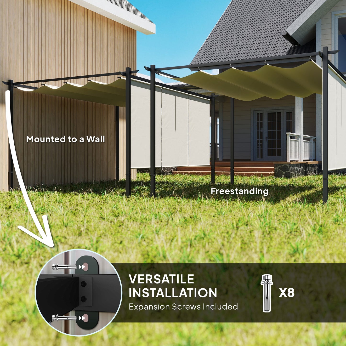 3 x 4m Metal Pergola with Retractable Roof and Roller Shade, Free Standing Gazebo Canopy Pergola Kit, UPF30+ Outdoor Sun Shelter, Beige