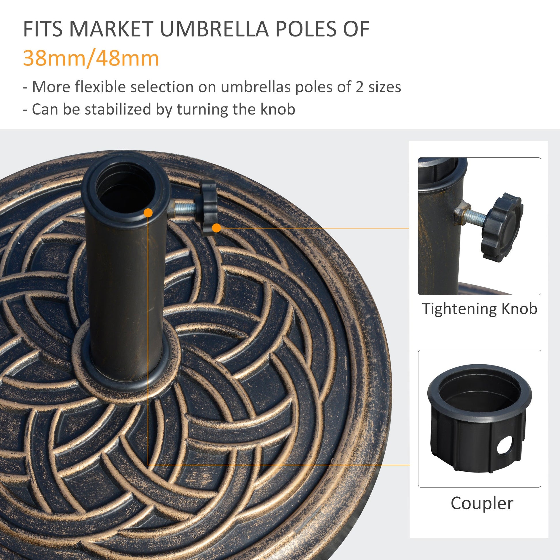 11.5kg Garden Parasol Base, Round Heavy Duty Umbrella Stand Holder, Resin Parasol Stand for 38mm or 48mm Outdoor Umbrella Poles, Bronze Tone