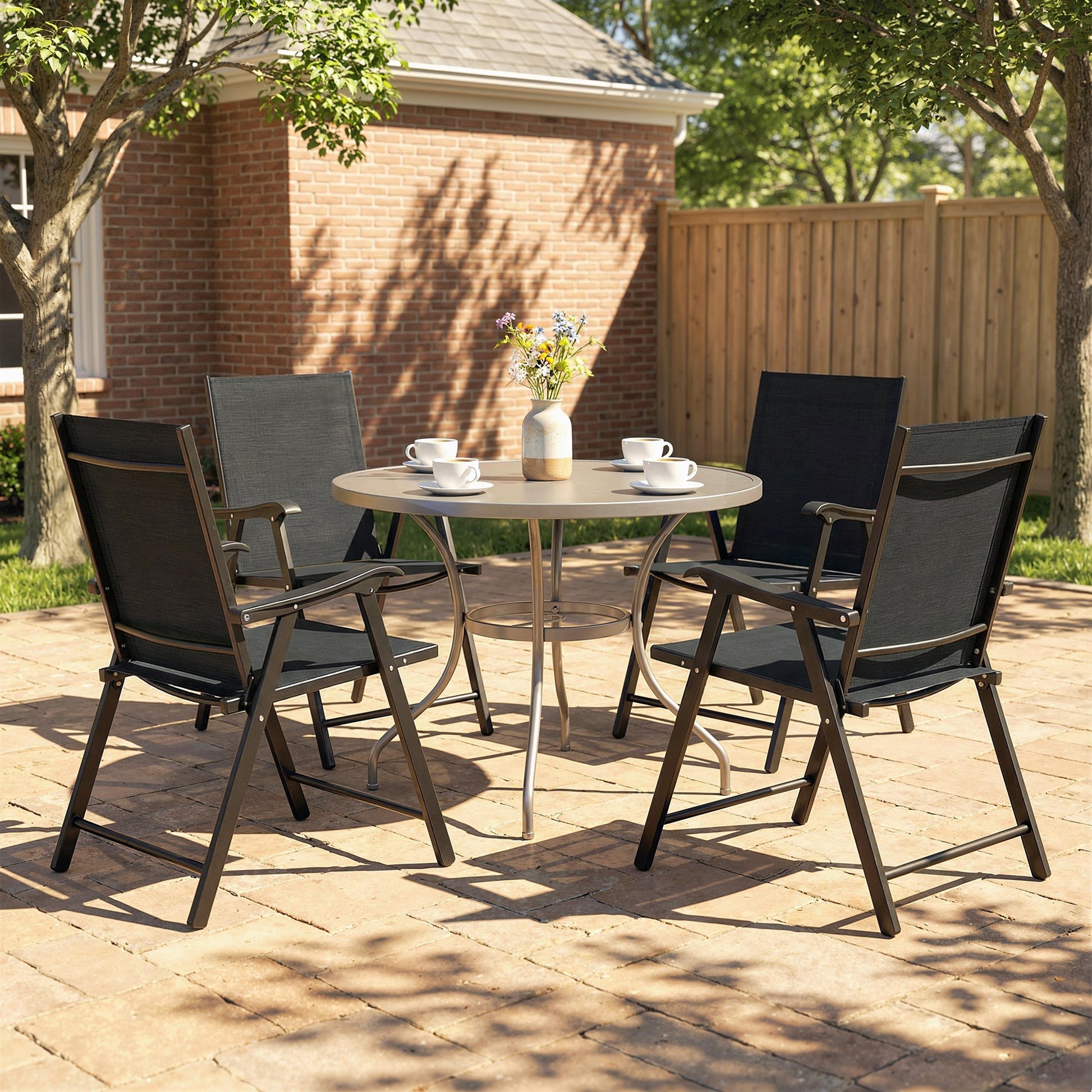 Folding Garden Chairs Set of 4, Foldable Garden Dining Chairs with High Back and Armrests, Breathable Texteline Folding Outdoor Chair Set with Metal Frame for Patio, Balcony, Black