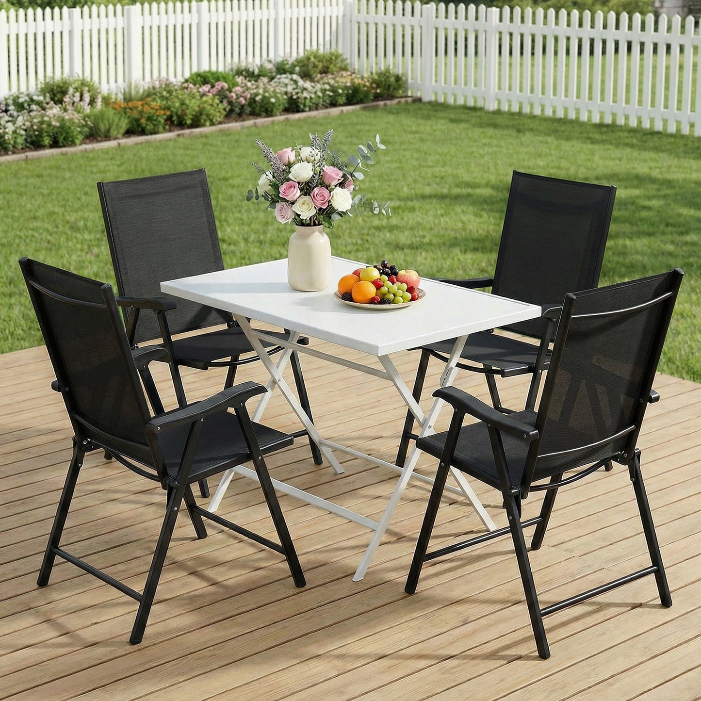Folding Garden Chairs Set of 4, Foldable Garden Dining Chairs with High Back and Armrests, Breathable Texteline Folding Outdoor Chair Set with Metal Frame for Patio, Balcony, Black