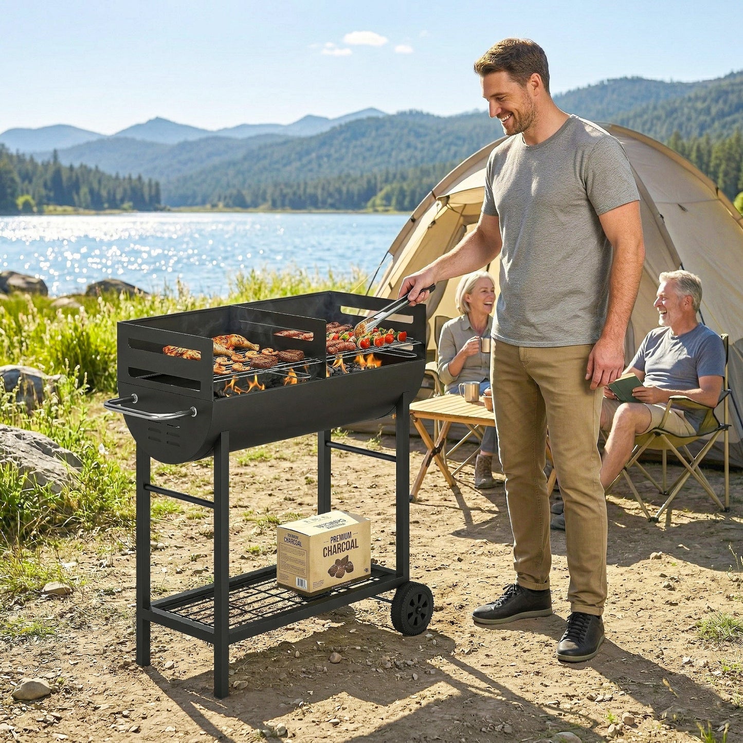 Charcoal Barbecue Grill with 2 Cooking Areas, Portable BBQ Trolley with Wheels, Height Adjustable Grates, Side Handle, Bottom Shelf, Metal Outdoor Cooker for Garden Camping, Picnic, Party