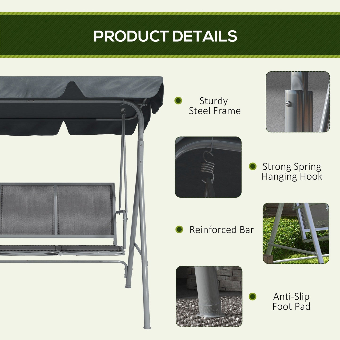 3 Seater Swing Chair, Garden Swing Bench with Adjustable Tilting Canopy, Breathable Mesh Seat and Heavy Duty Metal Frame for Patio, Garden, Dark Grey