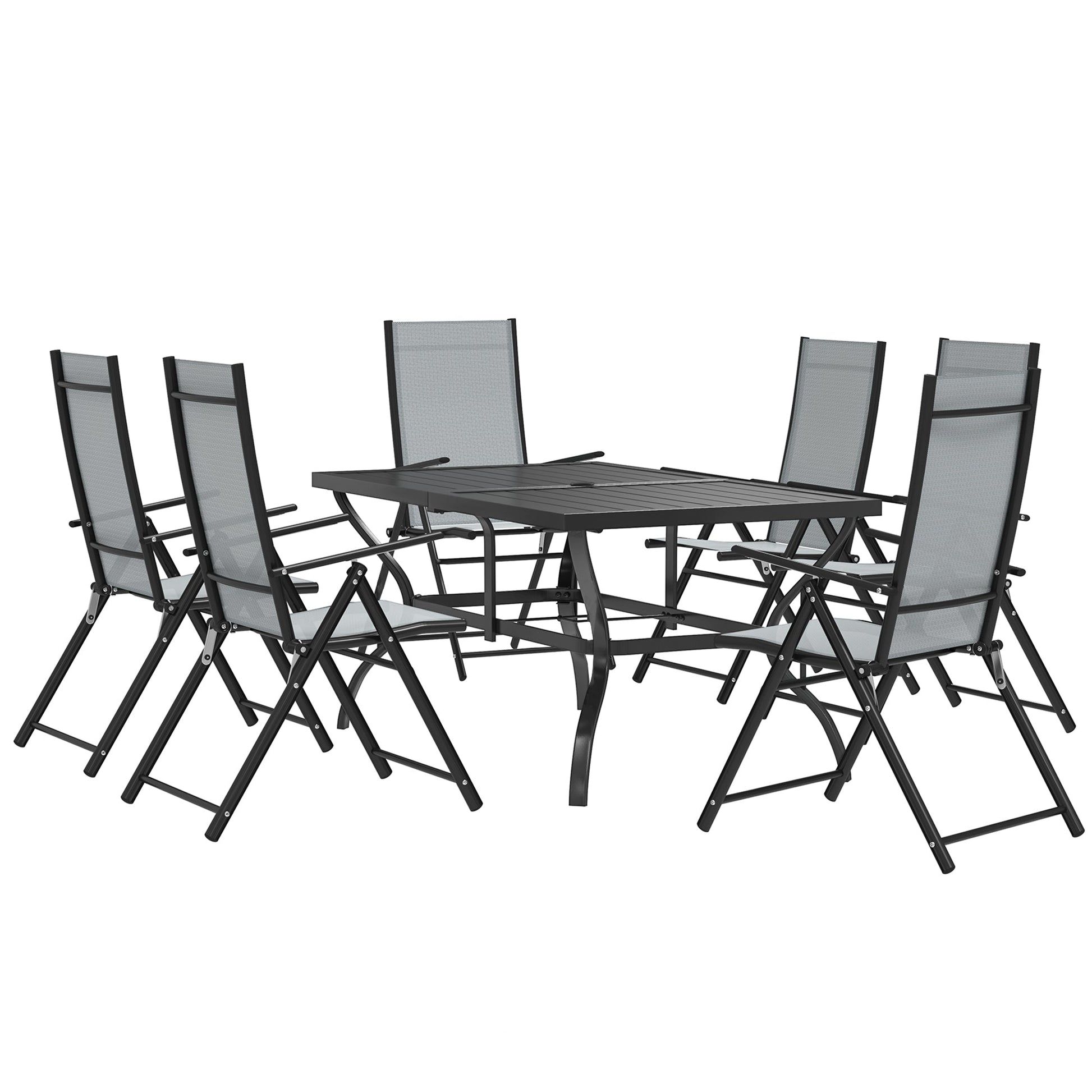 7 Pieces Garden Dining Set, 6 Seater Garden Furniture Set with Parasol Hole, Outdoor Dining Set with High Back Folding Chairs and Square Metal Top Table for Outdoor Patio, Grey