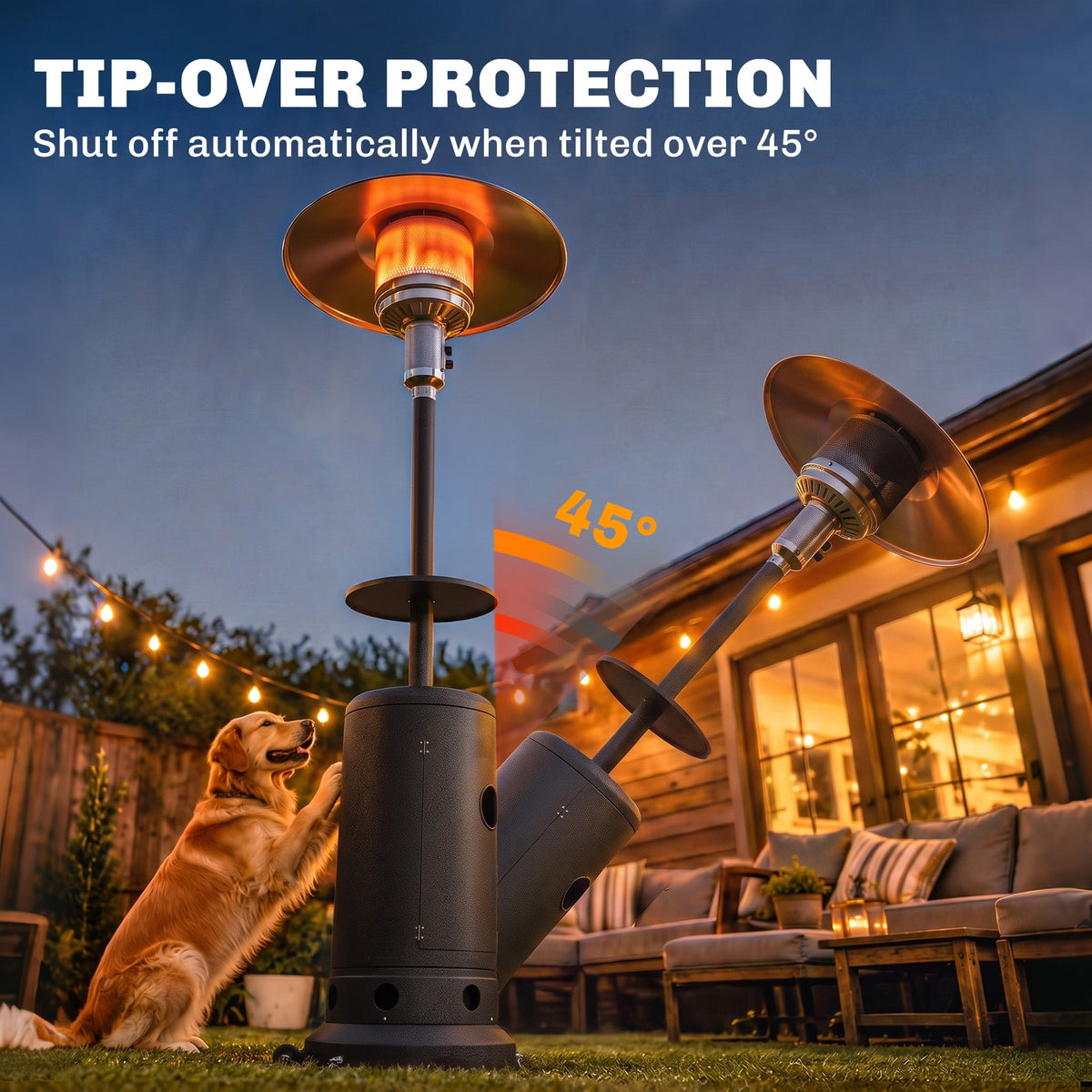 Gas Patio Heater with Table Tray, 13 kW Portable Propane Outdoor Heater with Stepless Heat Control, Piezo Ignition, Tip-over Protection, 2 Wheels for Garden, Brown