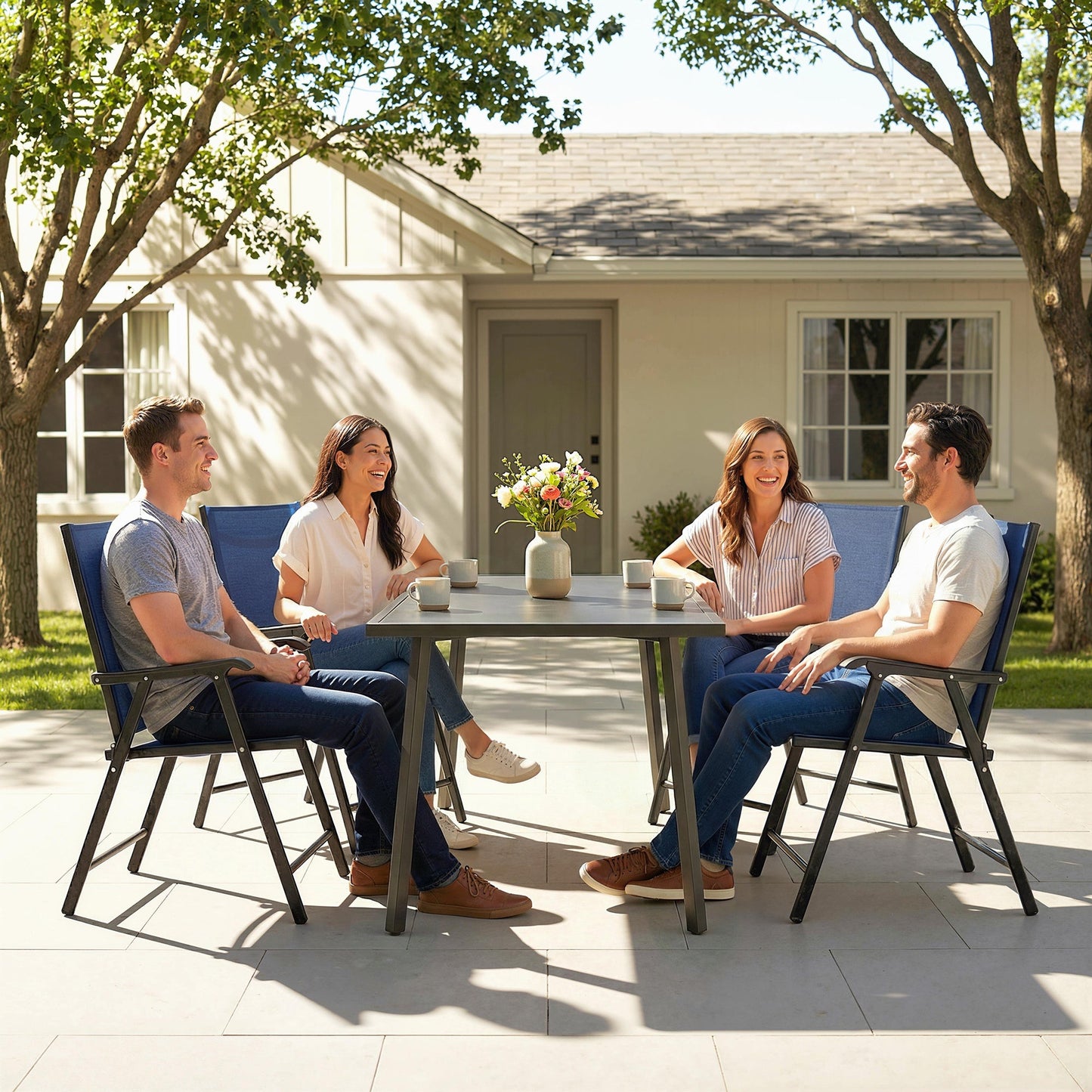 Folding Garden Chairs Set of 4, Foldable Garden Dining Chairs with High Back and Armrests, Breathable Texteline Folding Outdoor Chair Set with Metal Frame for Patio, Balcony, Navy Blue