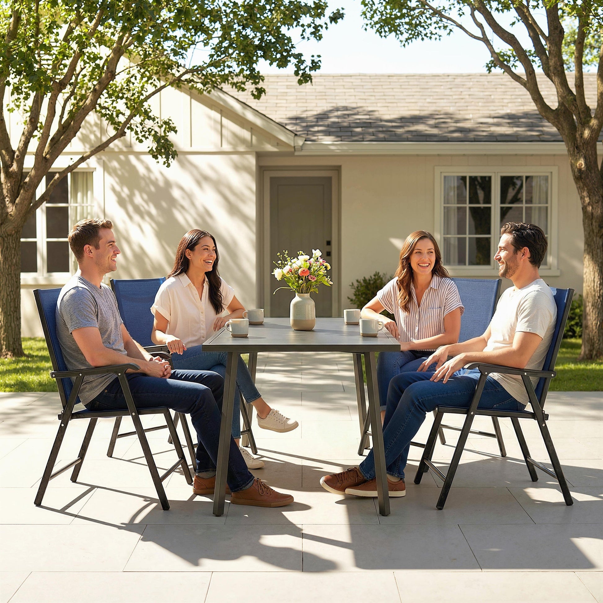 Folding Garden Chairs Set of 4, Foldable Garden Dining Chairs with High Back and Armrests, Breathable Texteline Folding Outdoor Chair Set with Metal Frame for Patio, Balcony, Navy Blue