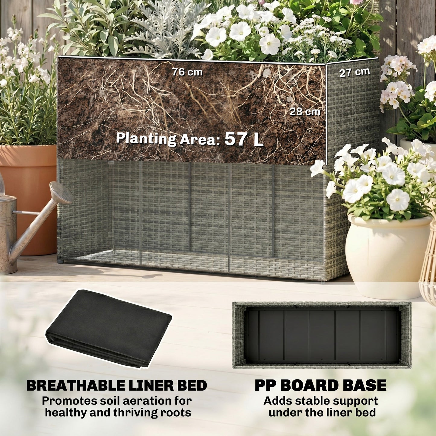 Garden Planter with Trellis, Rattan Raised Beds for Garden with Liner, Freestanding Outdoor Planter Box for Climbing Plants, Herbs, Vegetables, Flowers, 80 x 30 x 163 cm, Dark Grey