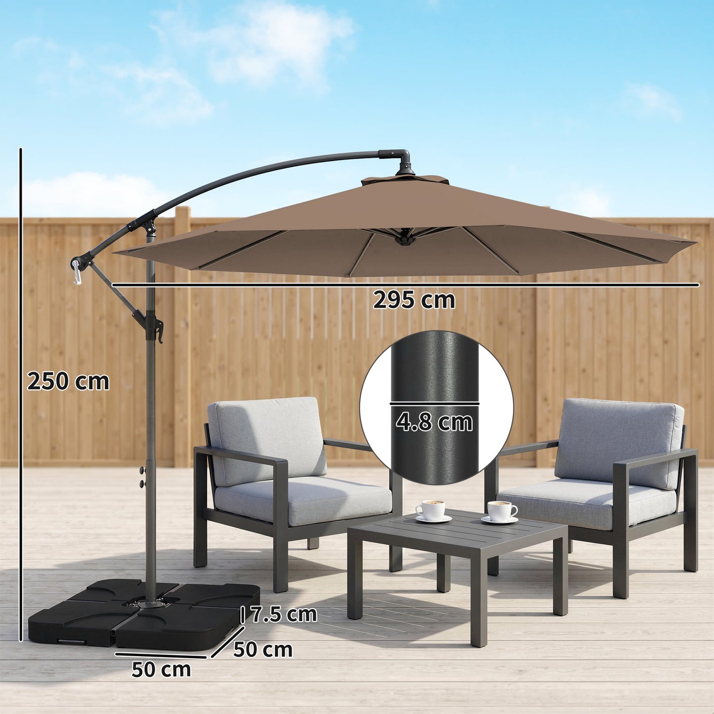 3 m Cantilever Parasol with Umbrella Weights, Cross Base, Offset Outdoor Umbrella with Protective Cover, Crank Handle, Hanging Sun Shade, Coffee