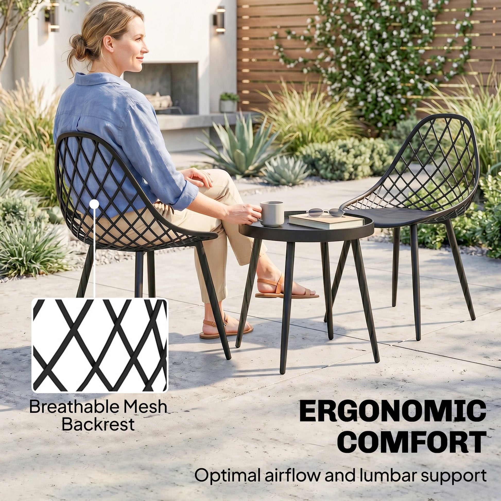 3-Piece Outdoor Bistro Set with 2 Chairs and Round Table, Weather-Resistant Metal Frame, Modern Patio Furniture for Garden, Balcony, Porch, Black
