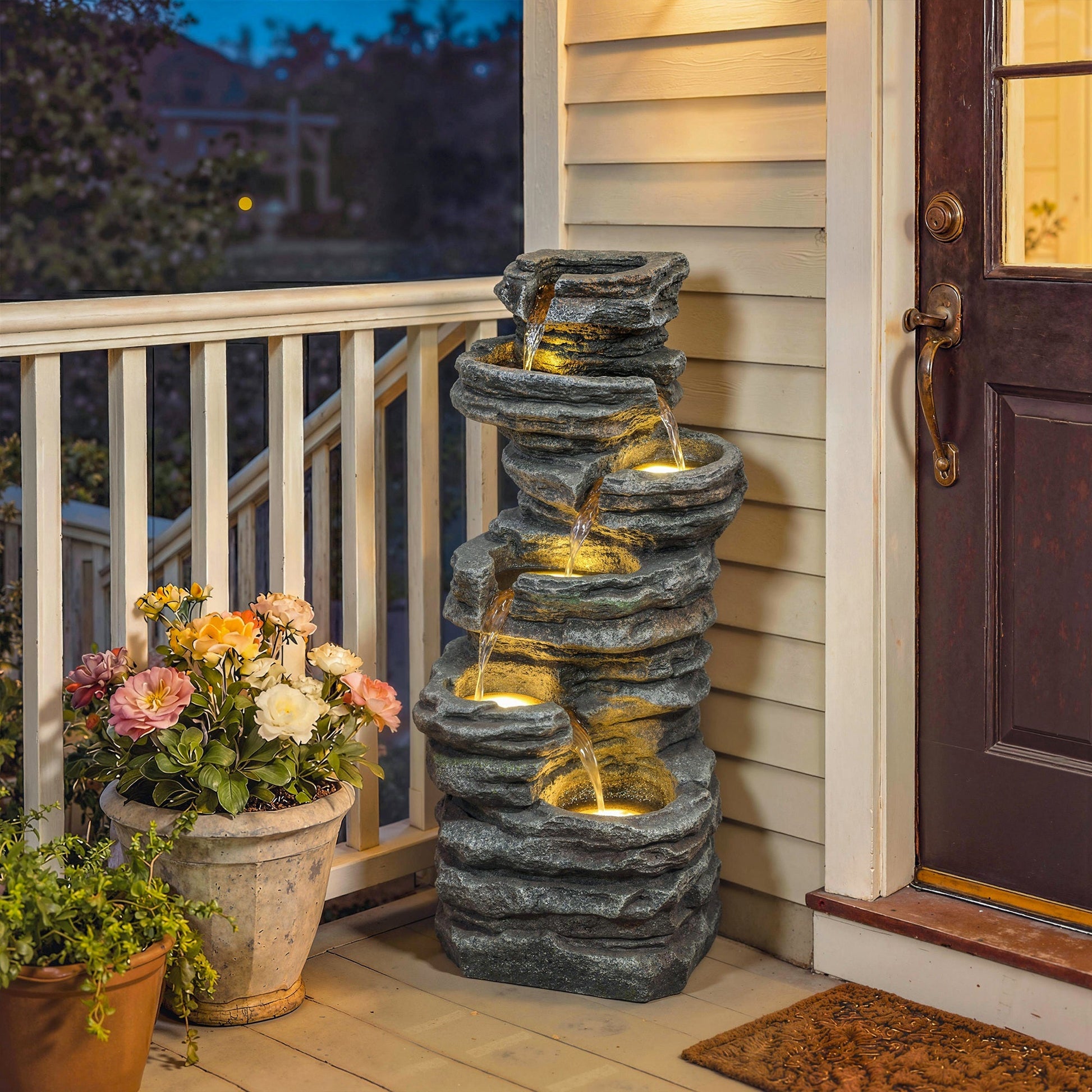 Outdoor Fountain with 6-Tier Rock Design, Cascading Waterfall Feature with LED Lights, Resin Freestanding Garden Fountain for Patio Balcony, Grey
